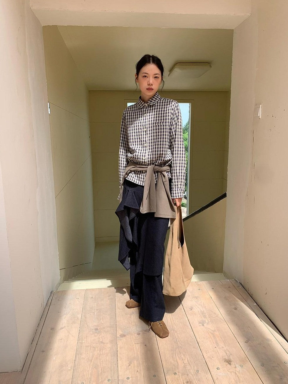 Dorydory Navy Plaid Small Round Collar New Chinese Style Women&