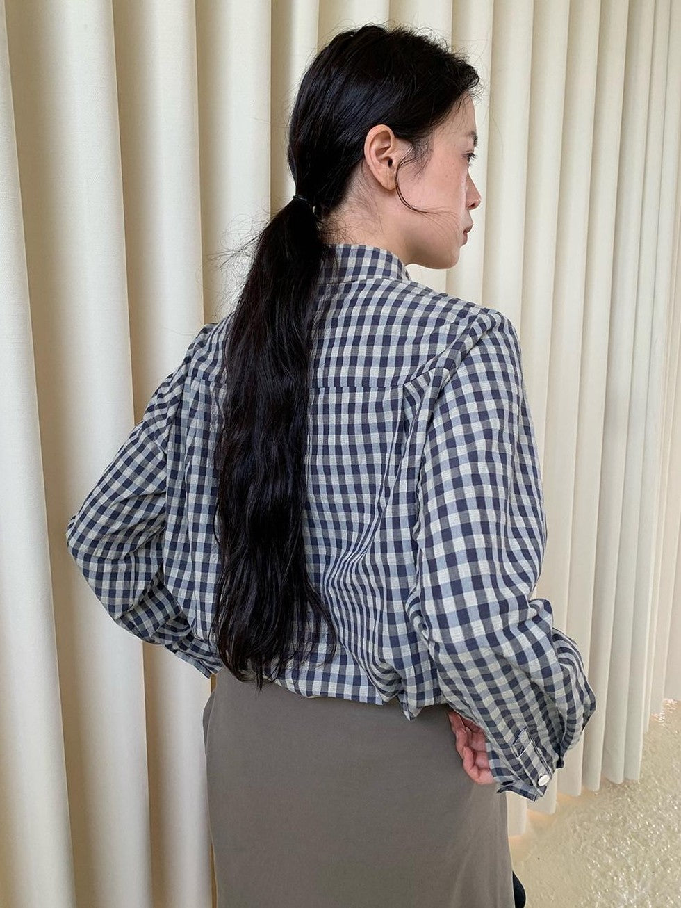 Dorydory Navy Plaid Small Round Collar New Chinese Style Women&