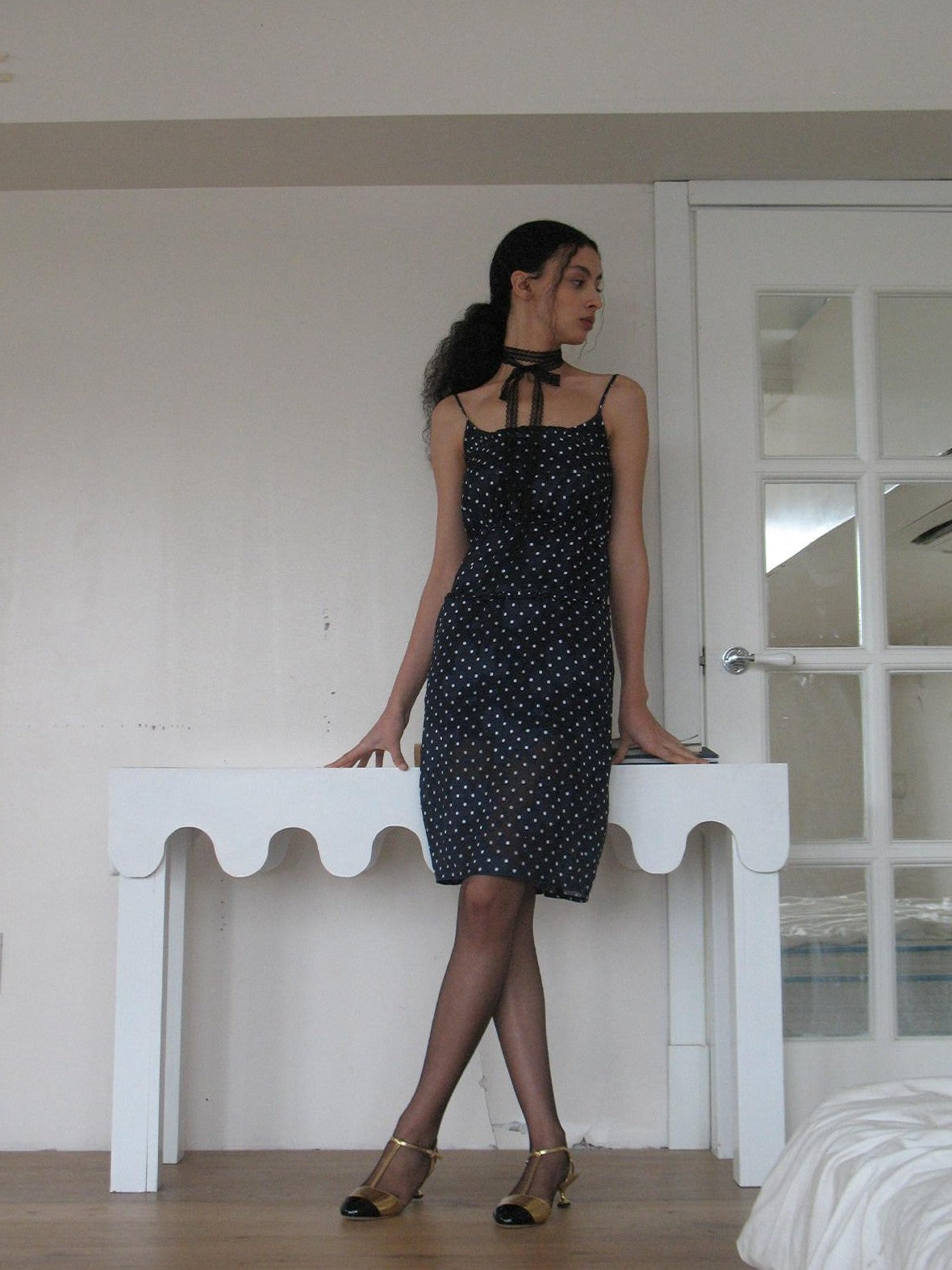 Dorydory Navy Polka Dot High Waist A Line French Women&