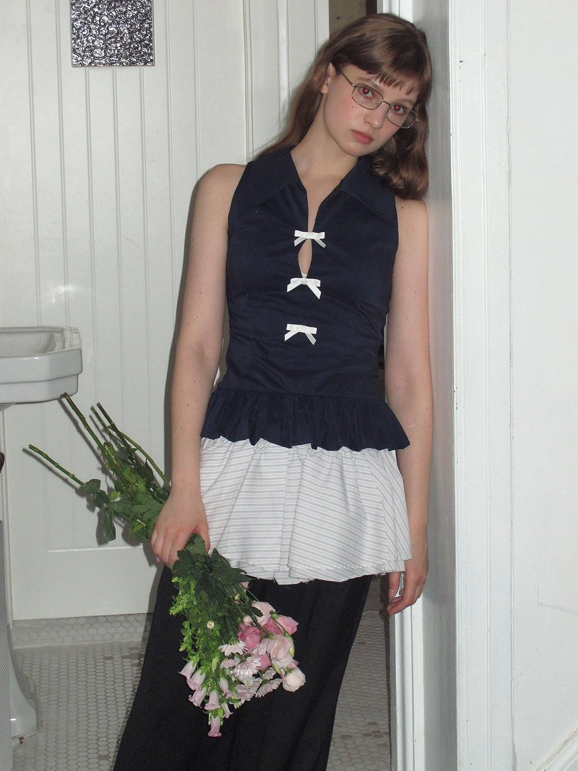 Dorydory Navy White Bow Lapel Waist Cinched Cardigan Women&