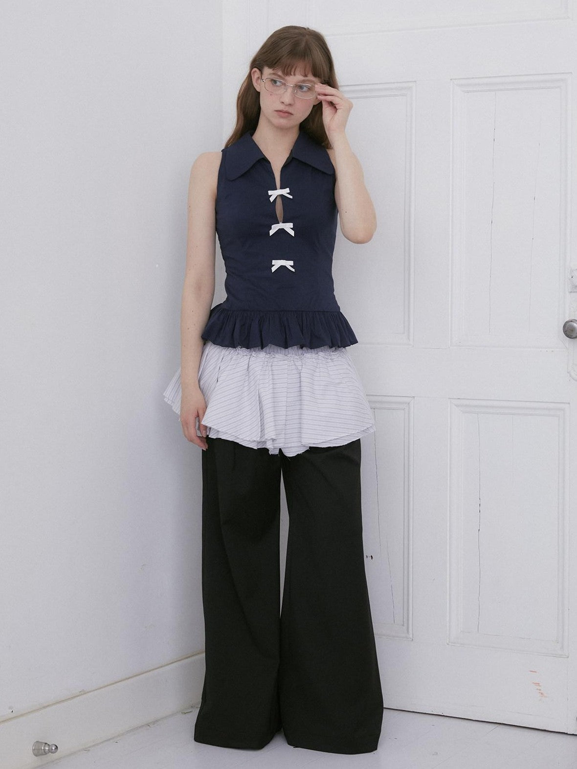 Dorydory Navy White Bow Lapel Waist Cinched Cardigan Women&