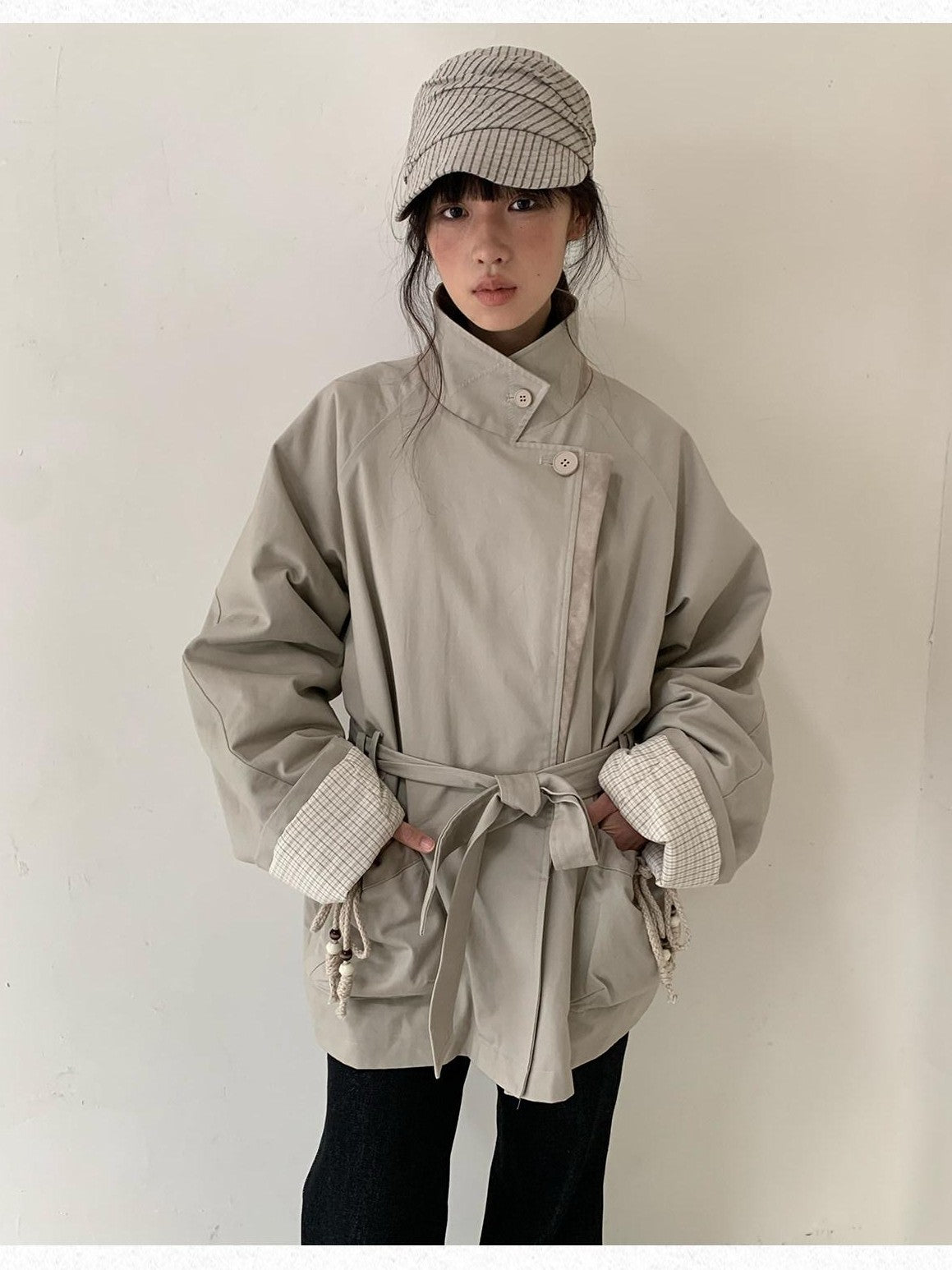 Dorydory Oatmeal Gray Stand Collar Mid Length Waist Cinch Women&