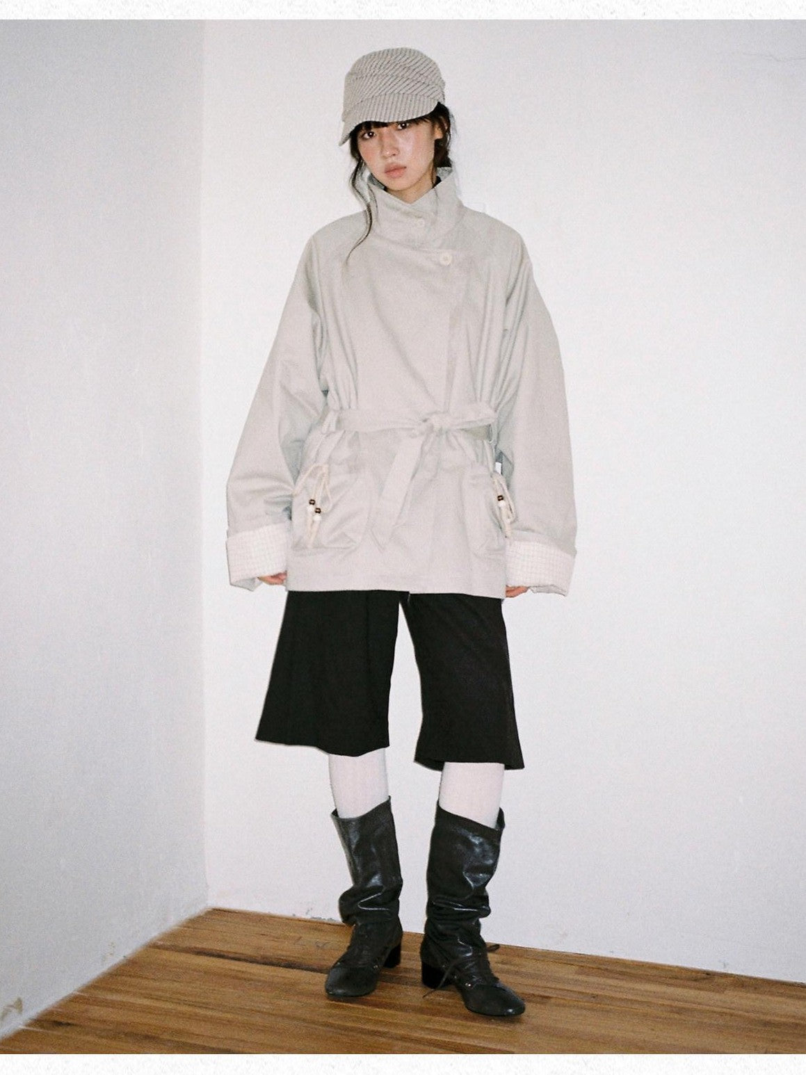 Dorydory Oatmeal Gray Stand Collar Mid Length Waist Cinch Women&