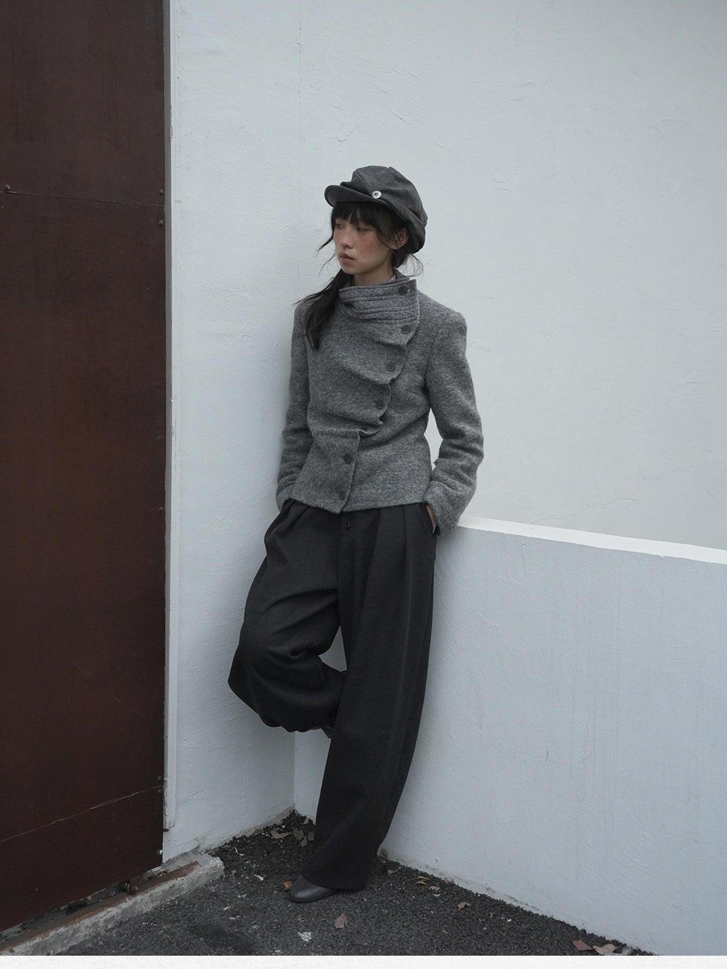 Dorydory Oatmeal Knitted Collar Patchwork Asymmetric Placket Women&