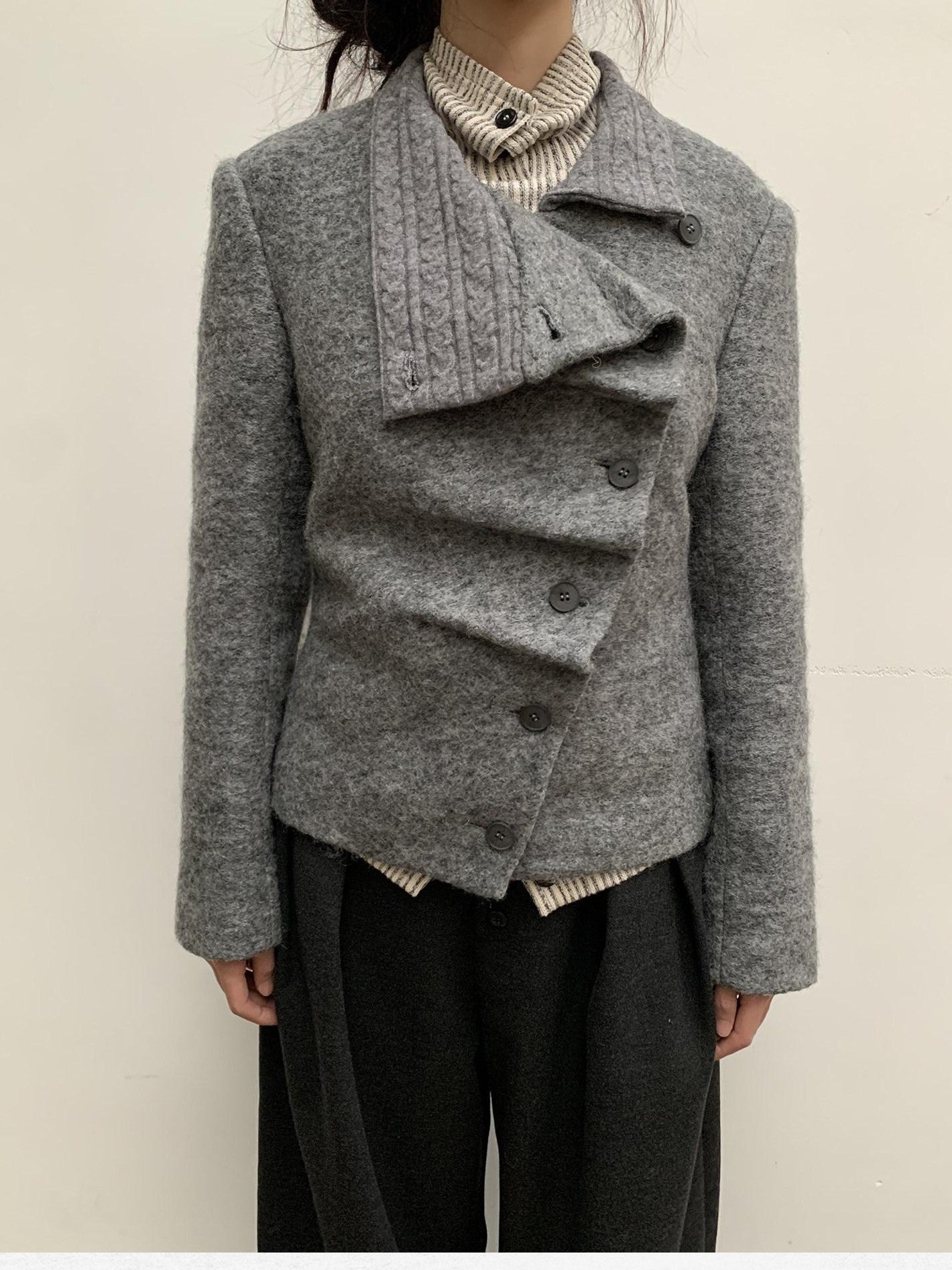 Dorydory Oatmeal Knitted Collar Patchwork Asymmetric Placket Women&