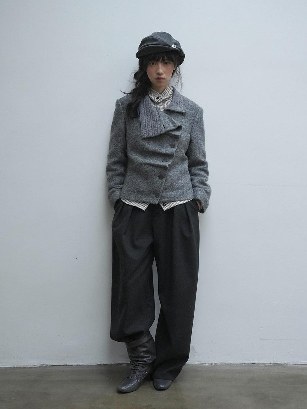 Dorydory Oatmeal Knitted Collar Patchwork Asymmetric Placket Women&