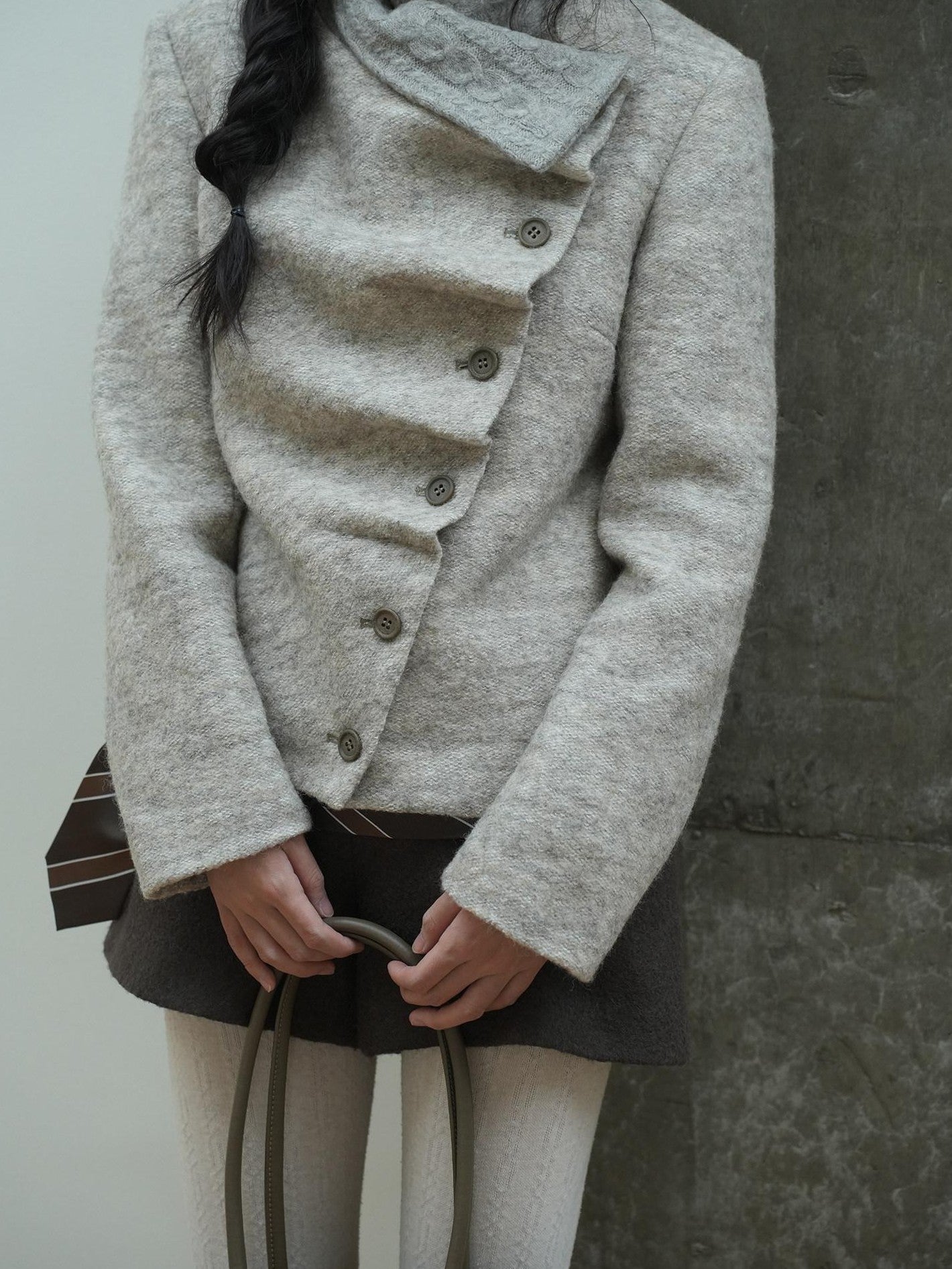 Dorydory Oatmeal Knitted Collar Patchwork Asymmetric Placket Women&