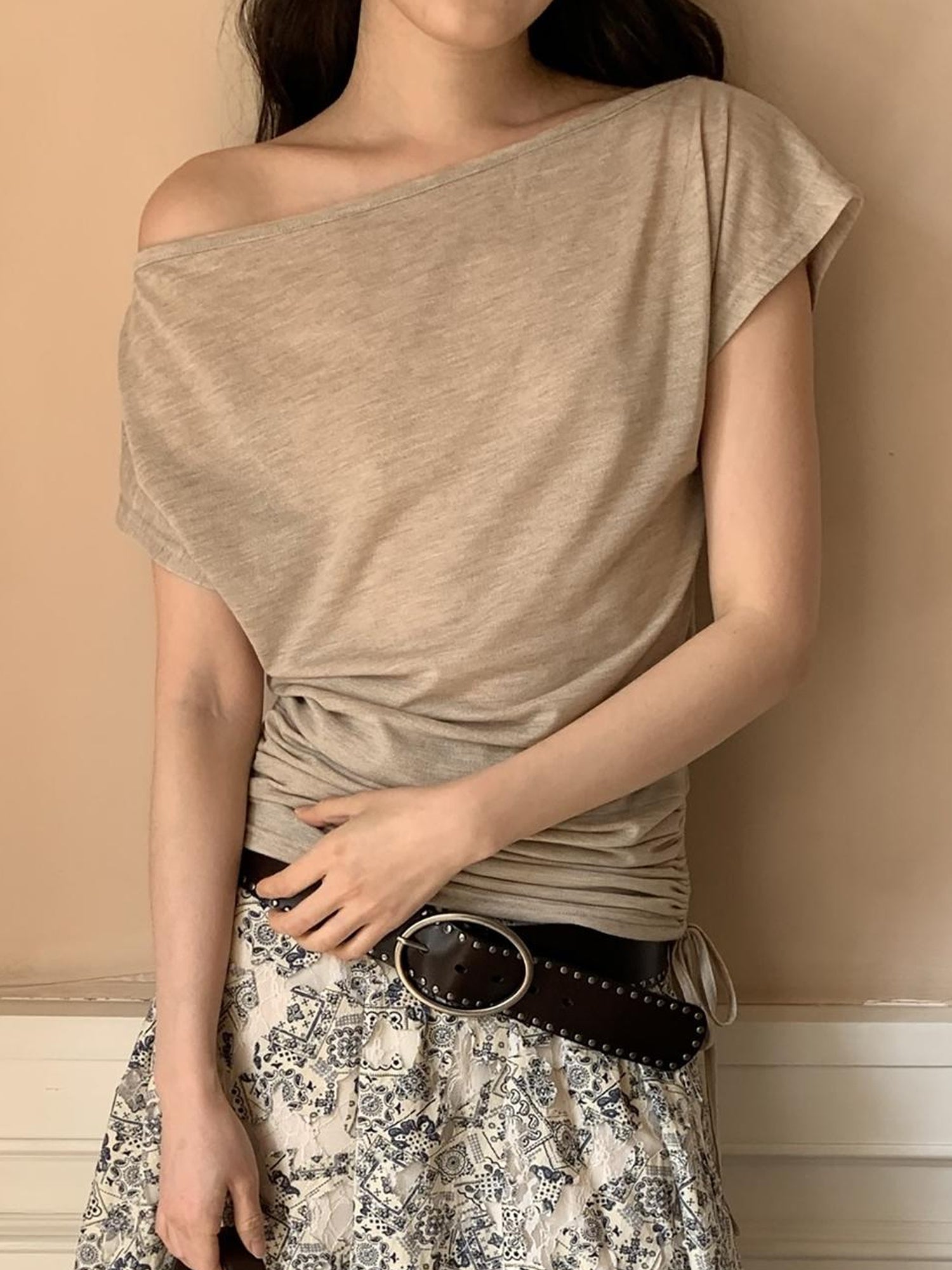 Dorydory Oblique Shoulder Drawstring T-shirt Top