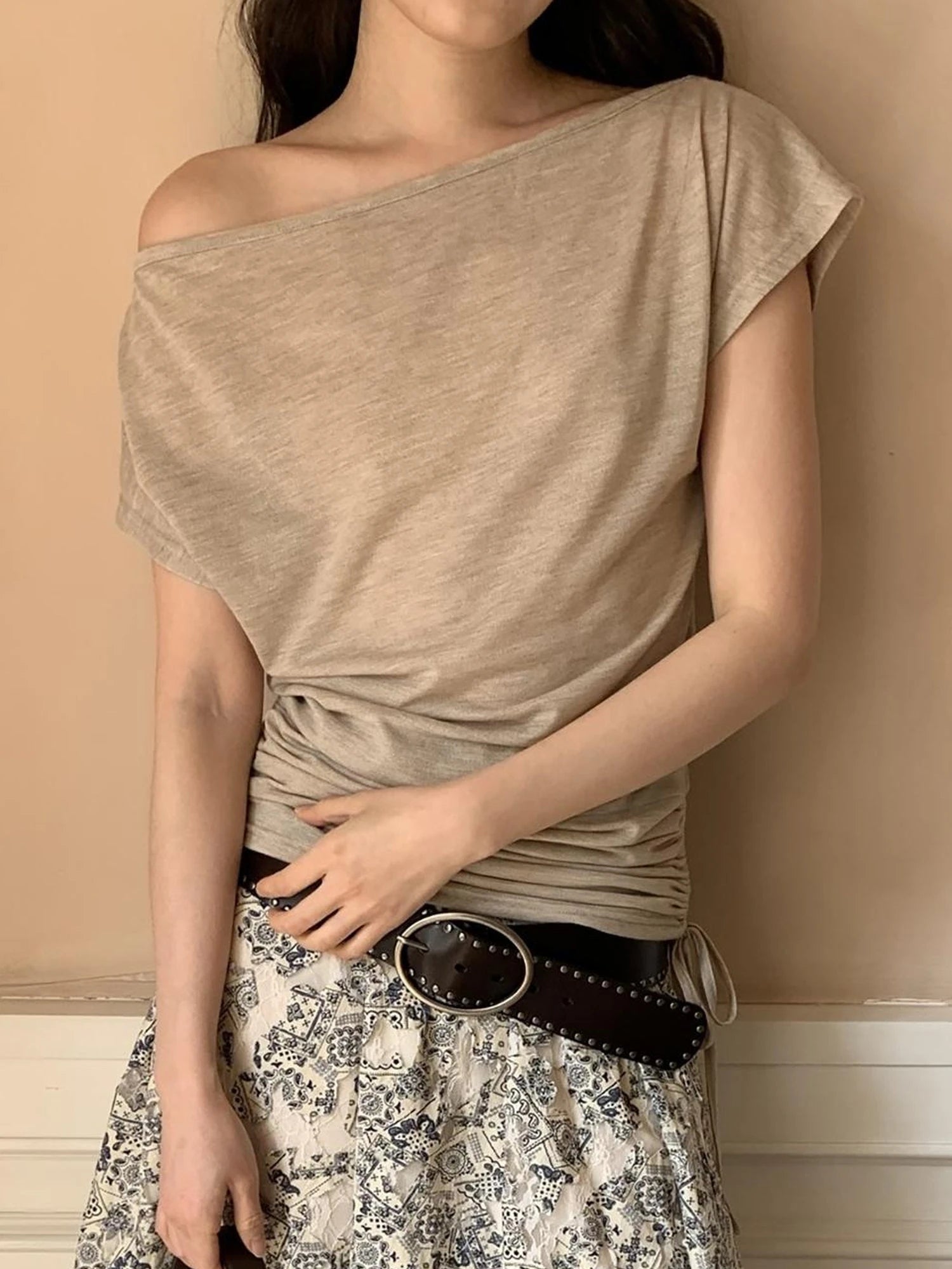 Oblique Shoulder Drawstring T-shirt Top