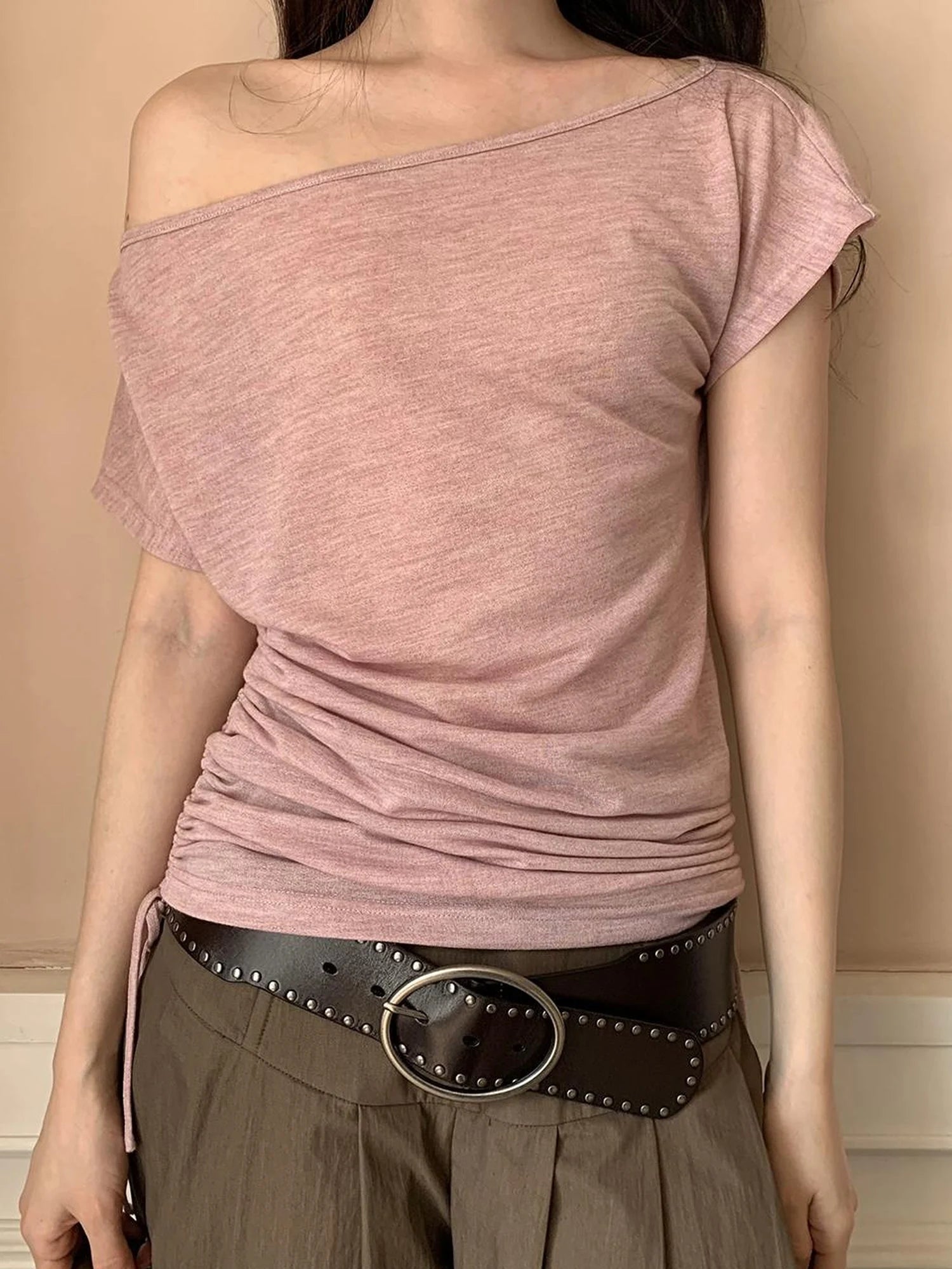 Oblique Shoulder Drawstring T-shirt Top