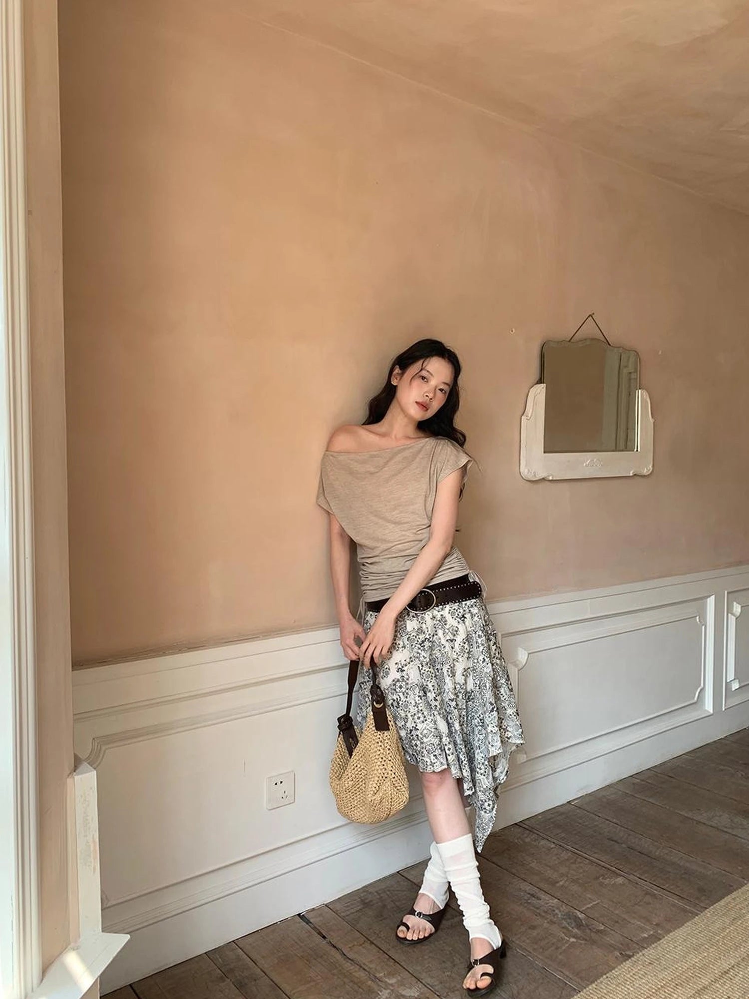 Oblique Shoulder Drawstring T-shirt Top