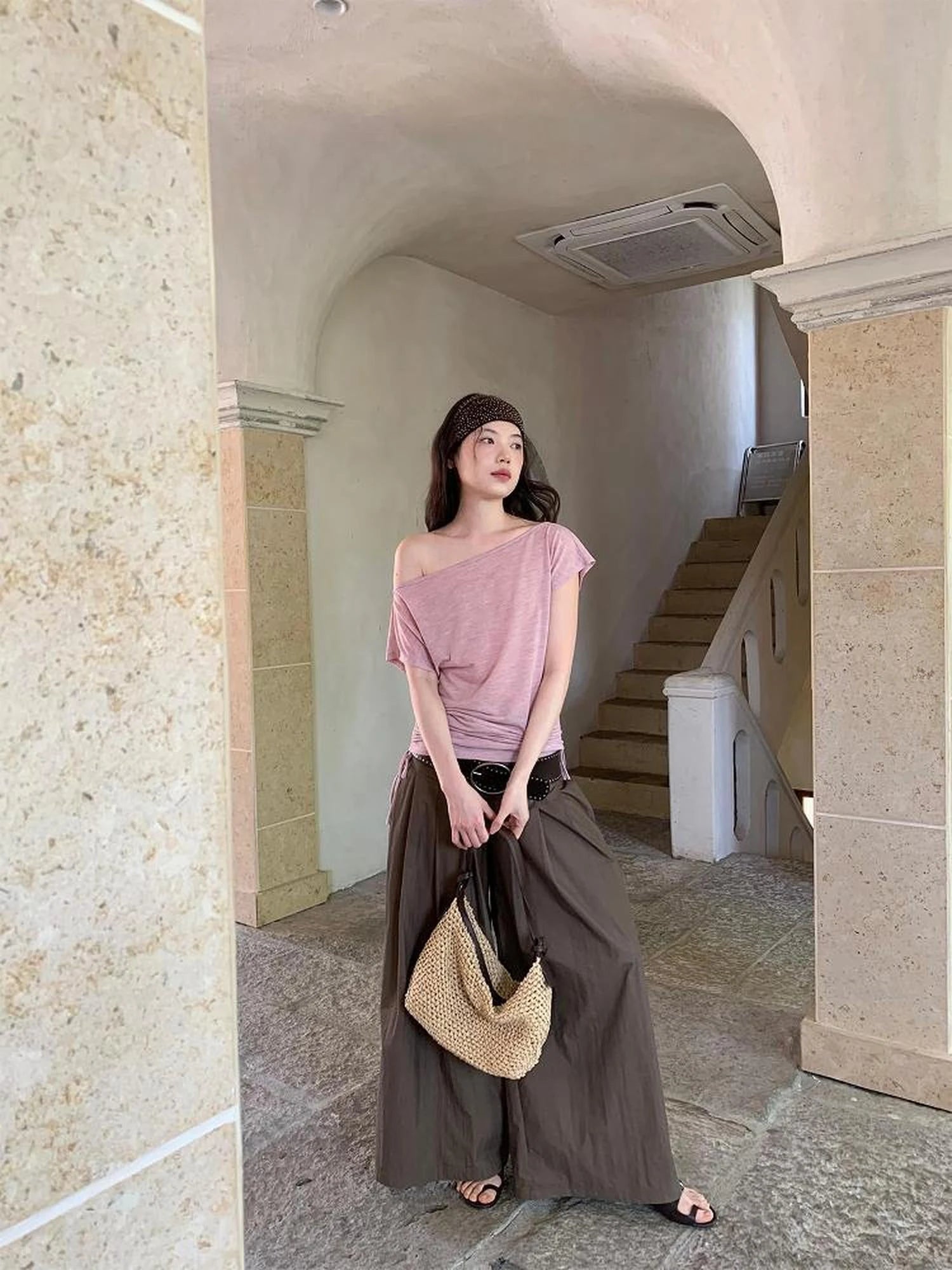 Oblique Shoulder Drawstring T-shirt Top