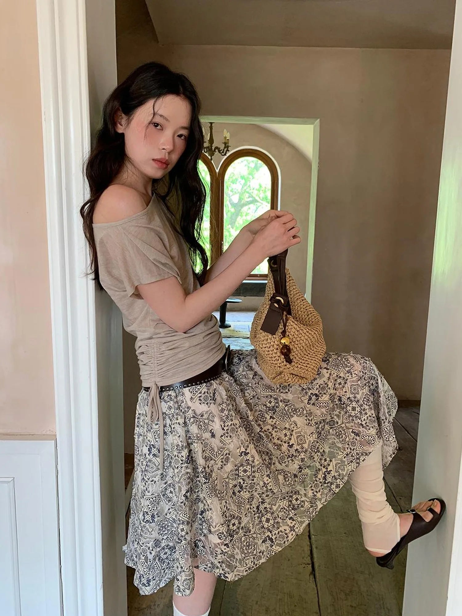 Oblique Shoulder Drawstring T-shirt Top