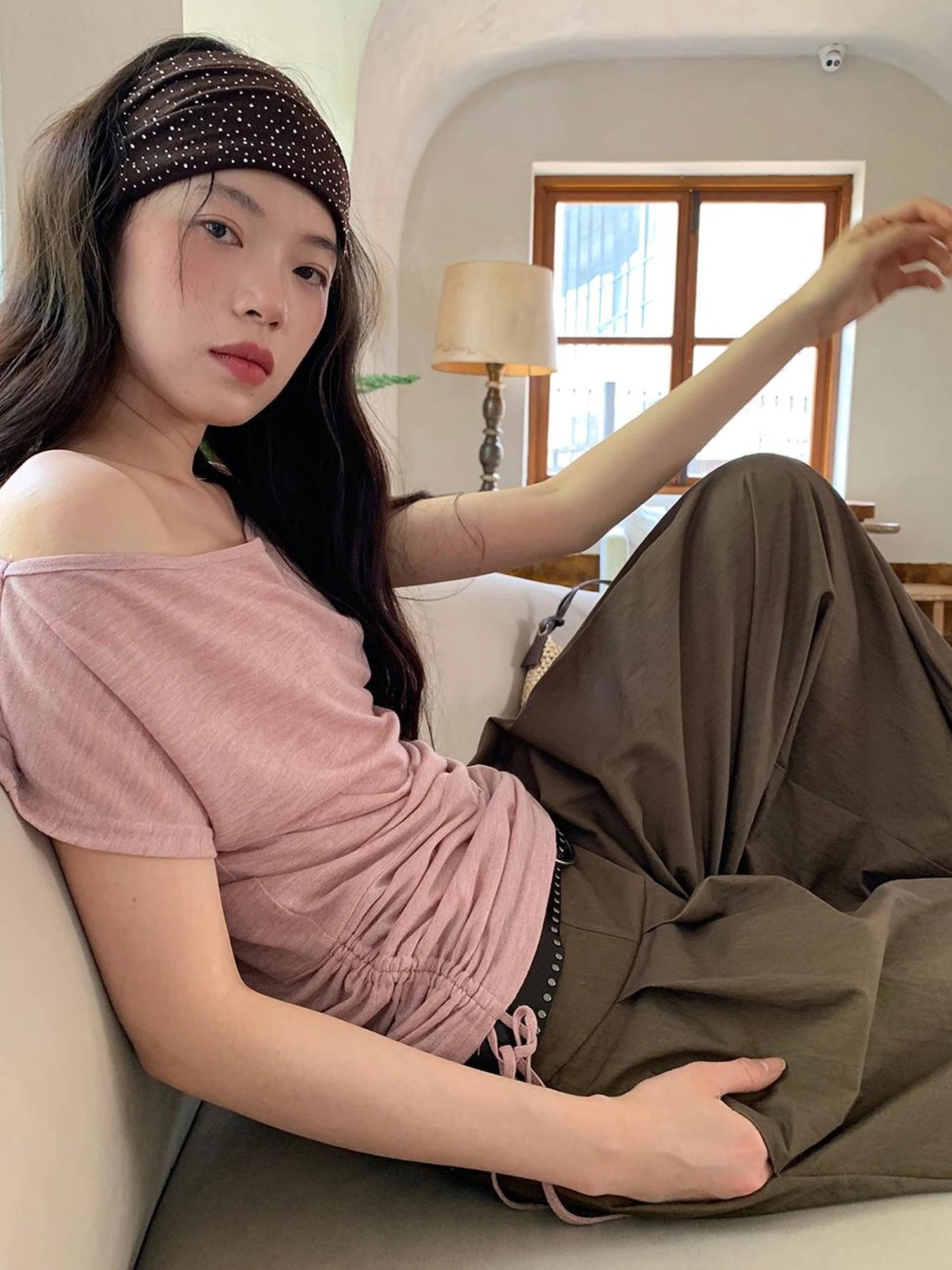 Oblique Shoulder Drawstring T-shirt Top