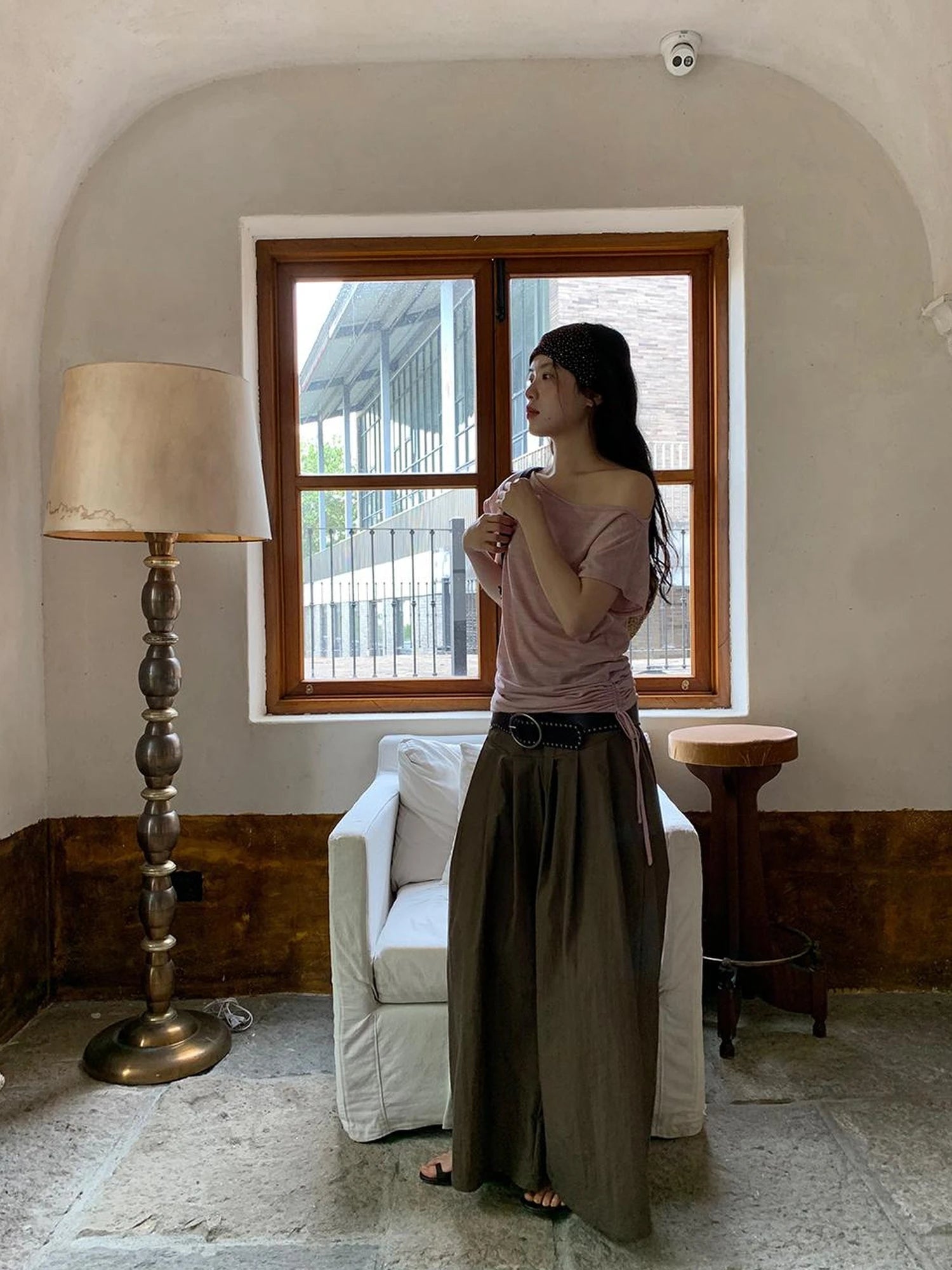 Oblique Shoulder Drawstring T-shirt Top