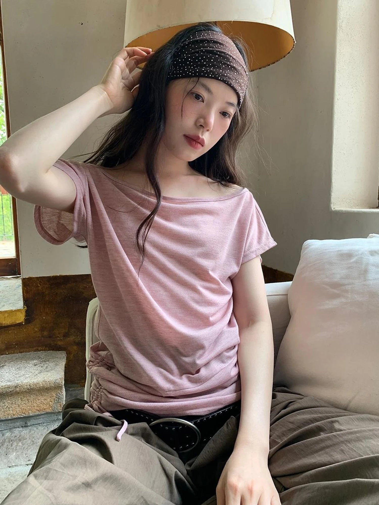 Oblique Shoulder Drawstring T-shirt Top