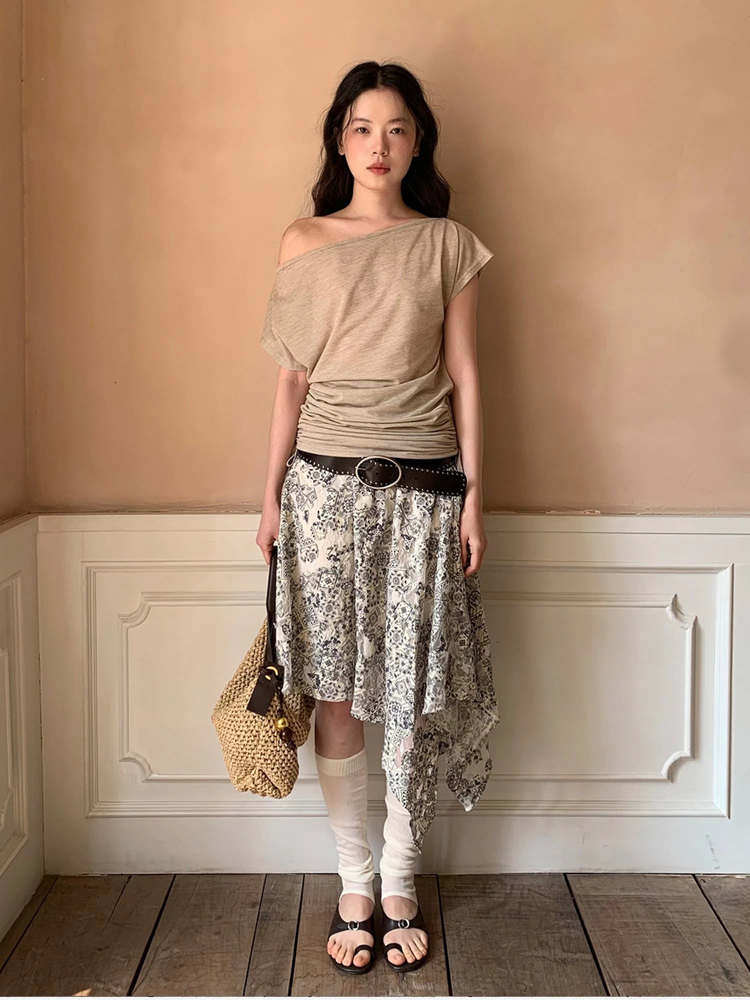 Oblique Shoulder Drawstring T-shirt Top