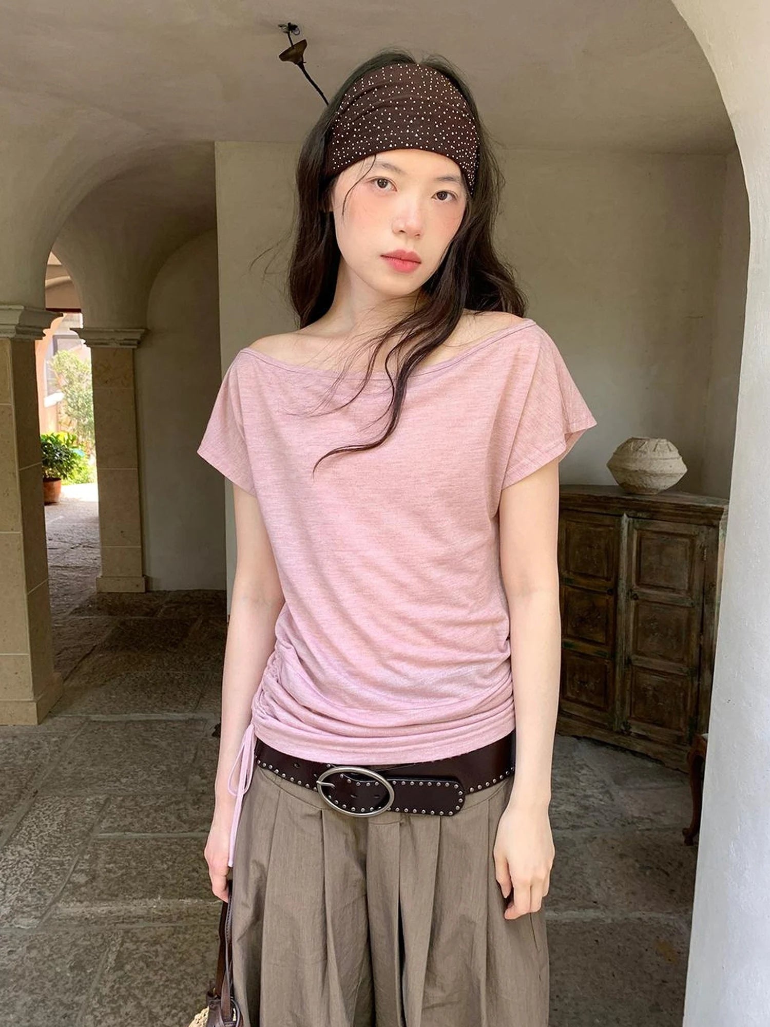 Oblique Shoulder Drawstring T-shirt Top