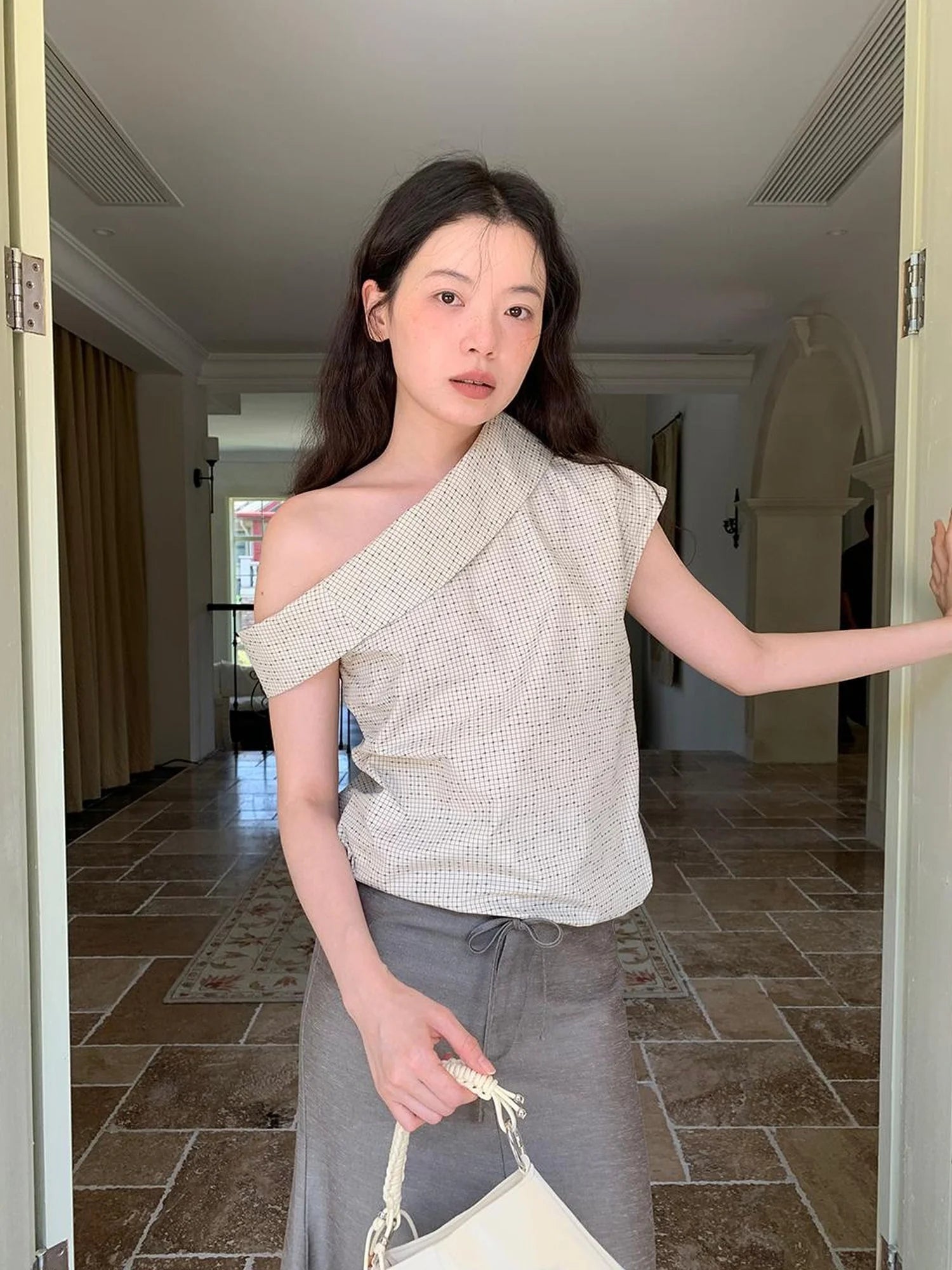 Off Shoulder Gingham Peplum Top With Detachable Sleeve