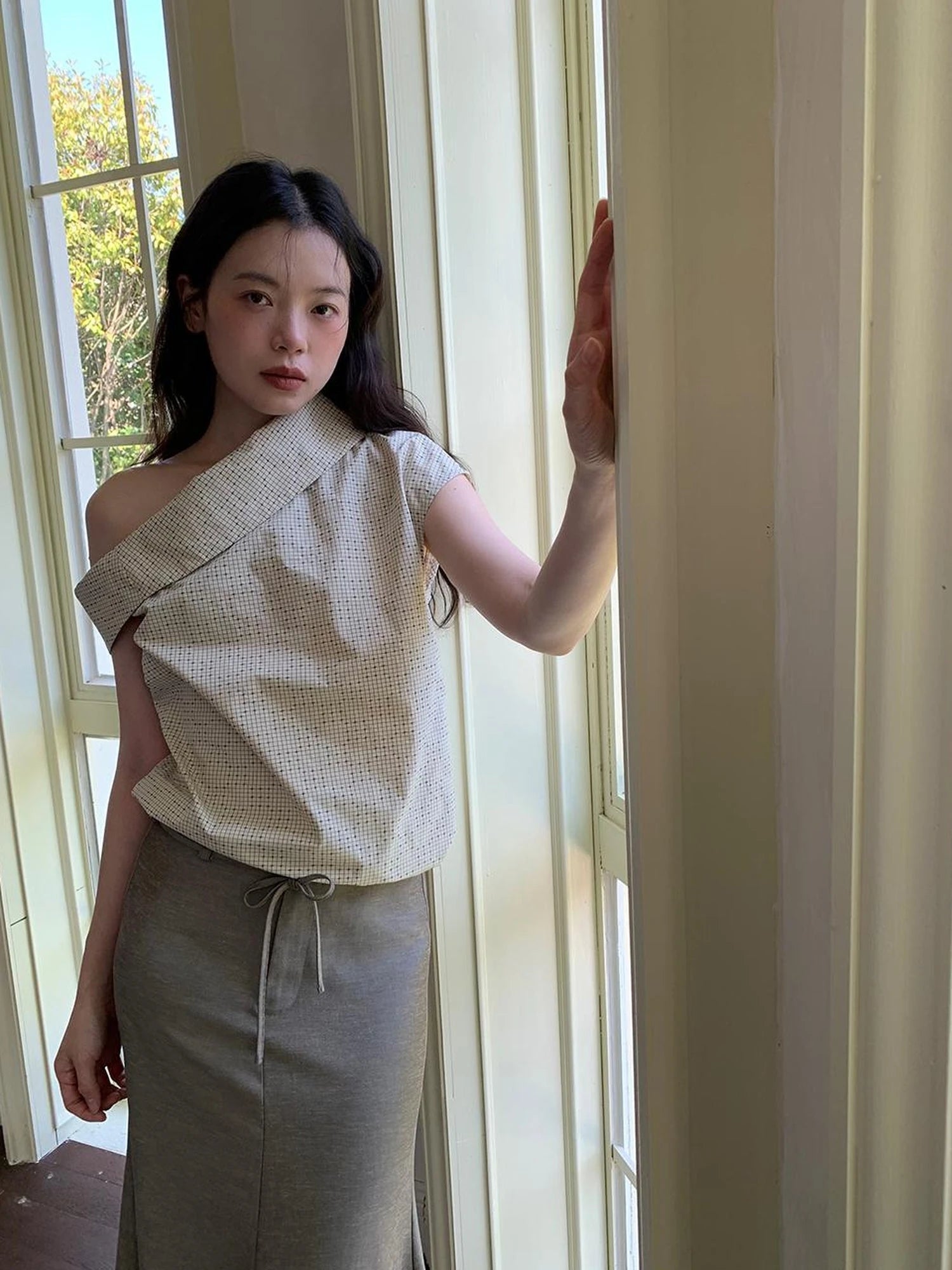 Off Shoulder Gingham Peplum Top With Detachable Sleeve