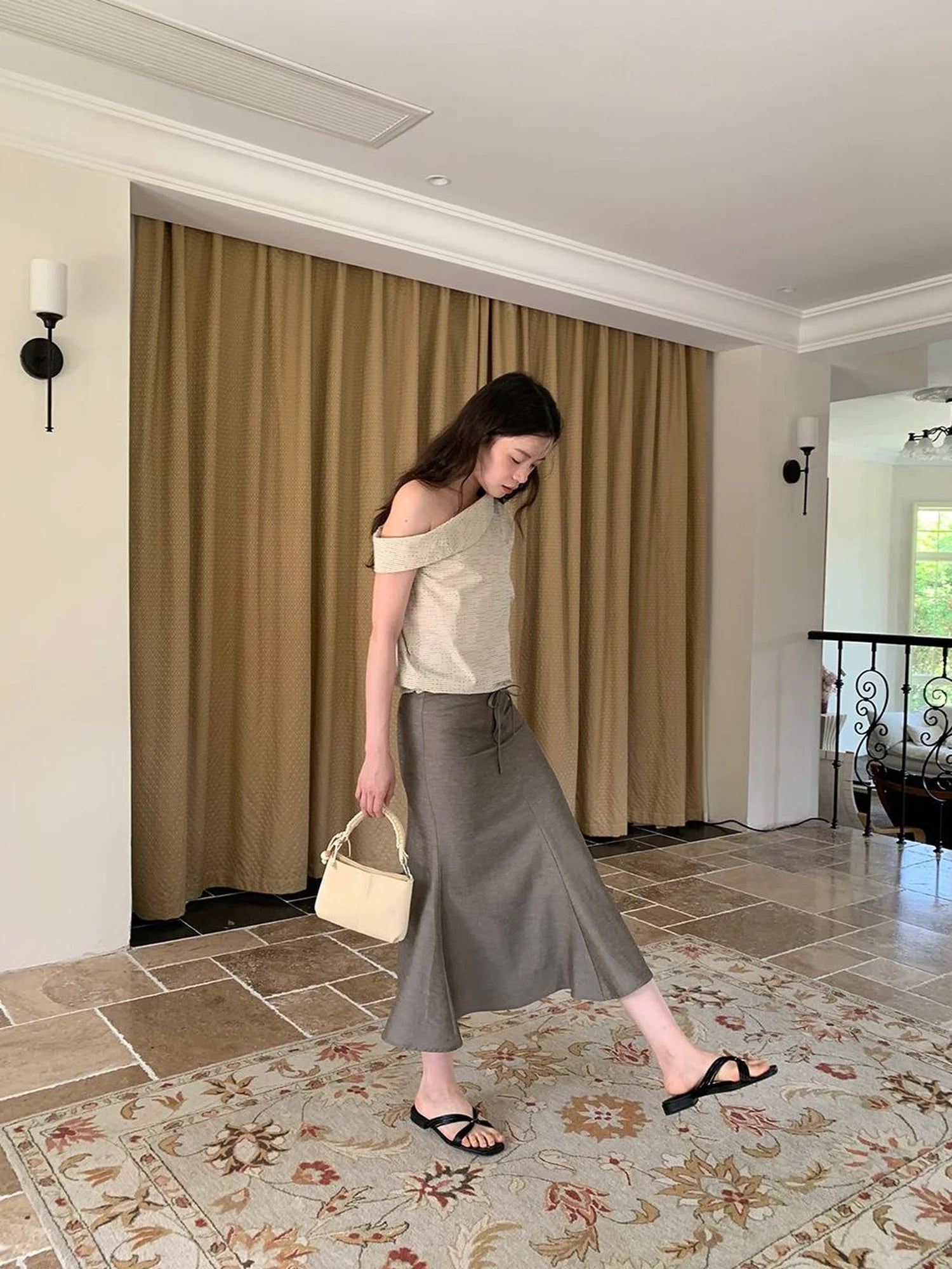 Off Shoulder Gingham Peplum Top With Detachable Sleeve