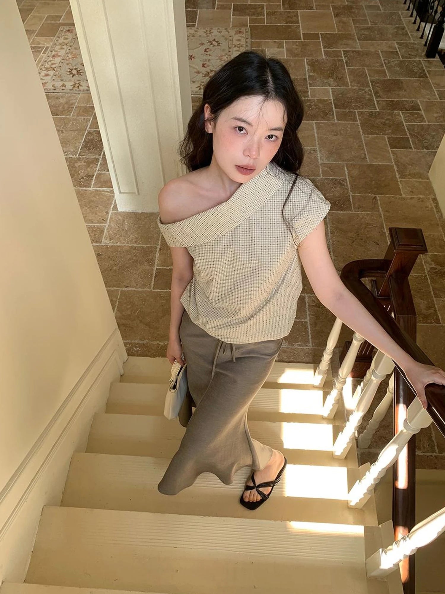 Off Shoulder Gingham Peplum Top With Detachable Sleeve