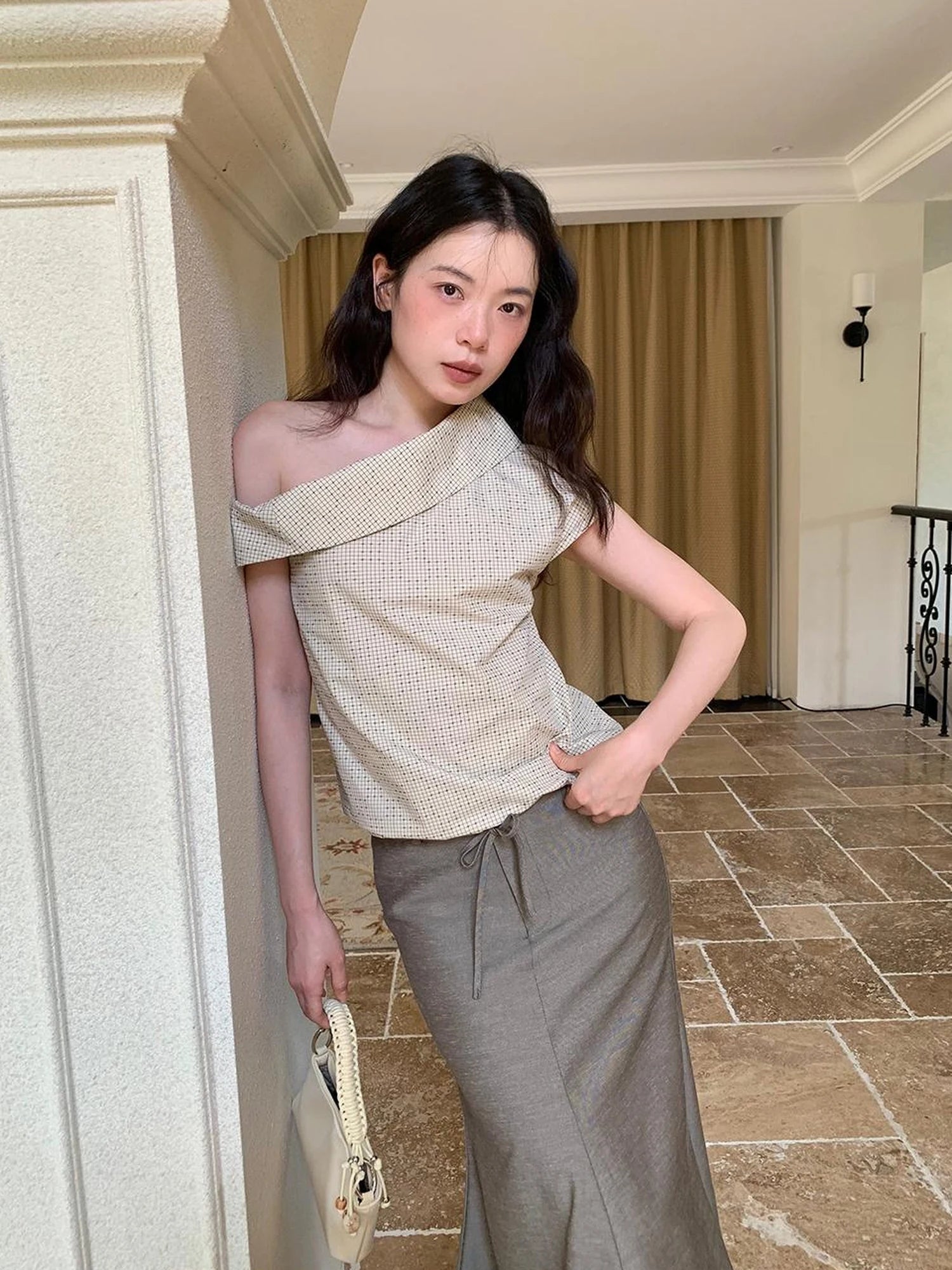 Off Shoulder Gingham Peplum Top With Detachable Sleeve