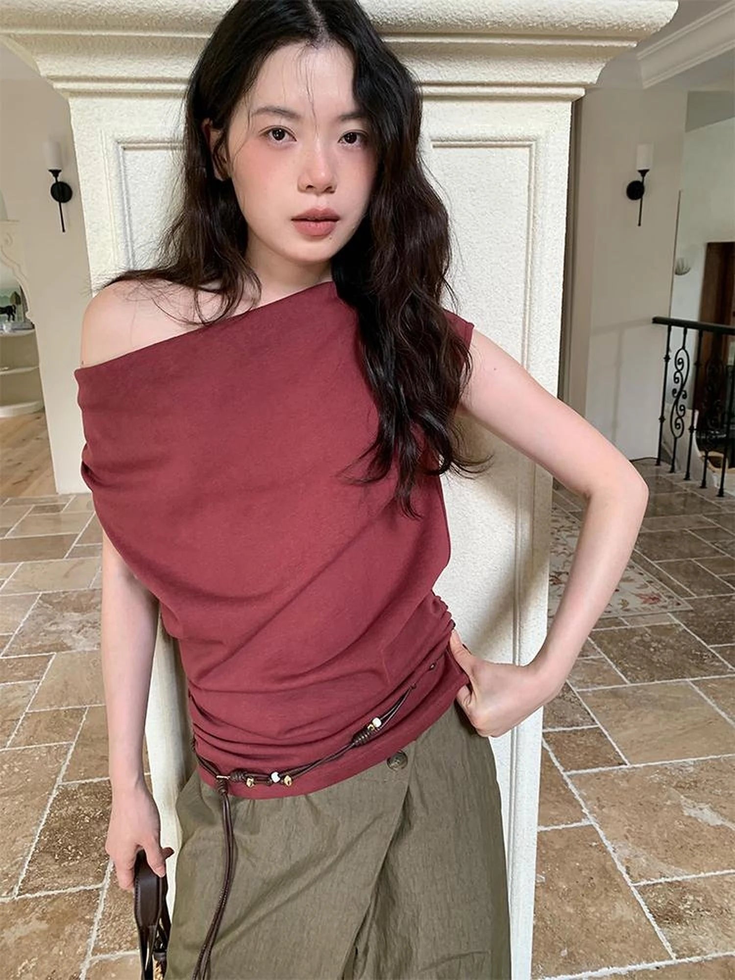 Off Shoulder Ruffle Neckline T-shirt In Red