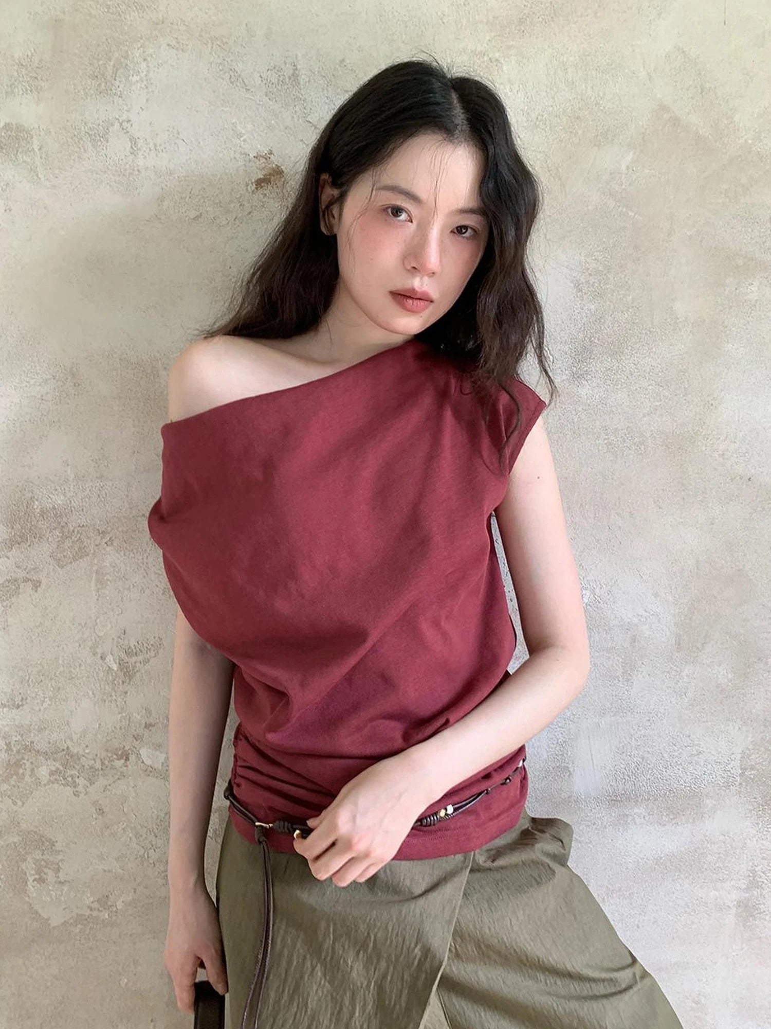 Off Shoulder Ruffle Neckline T-shirt In Red