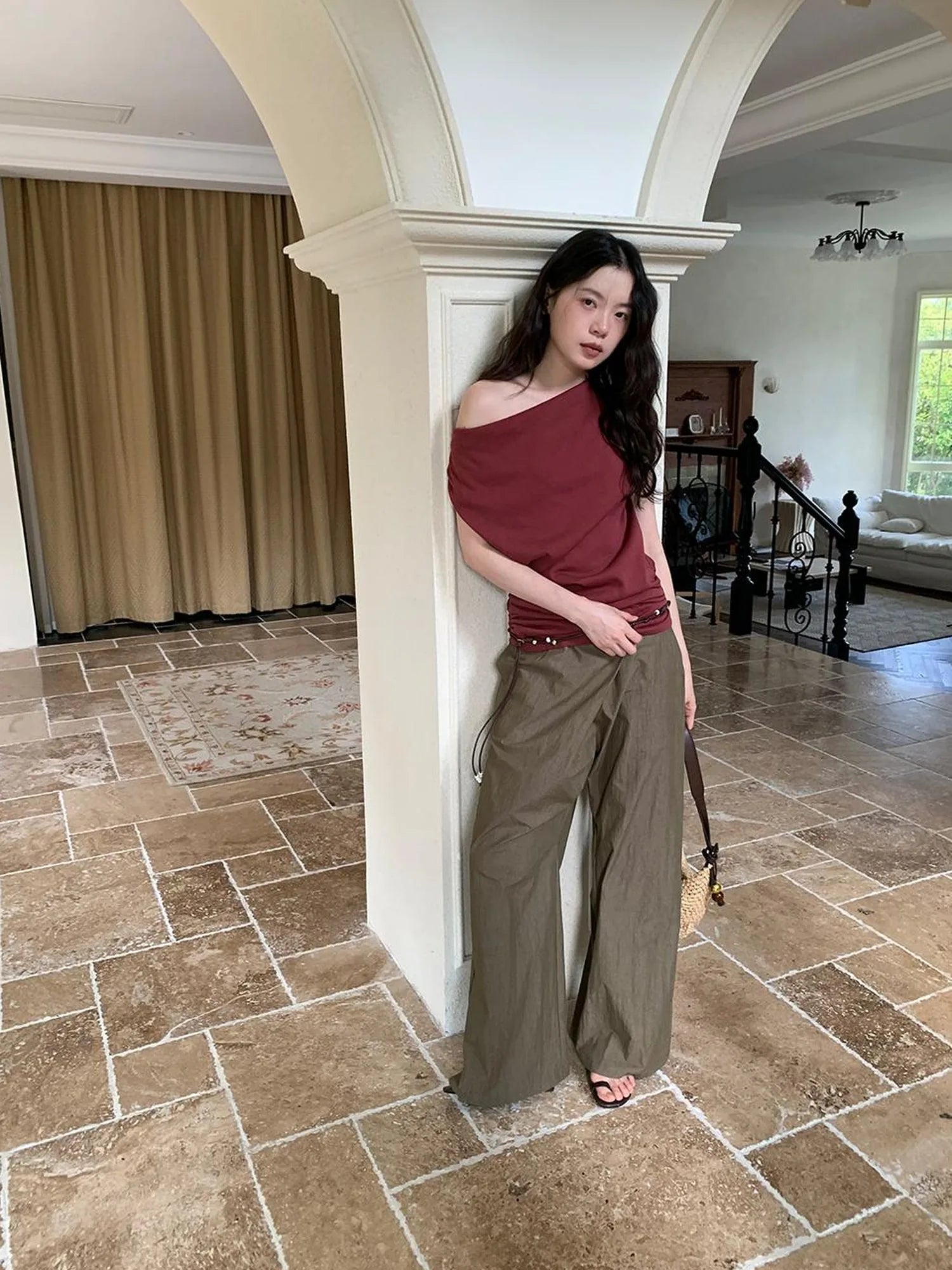 Off Shoulder Ruffle Neckline T-shirt In Red