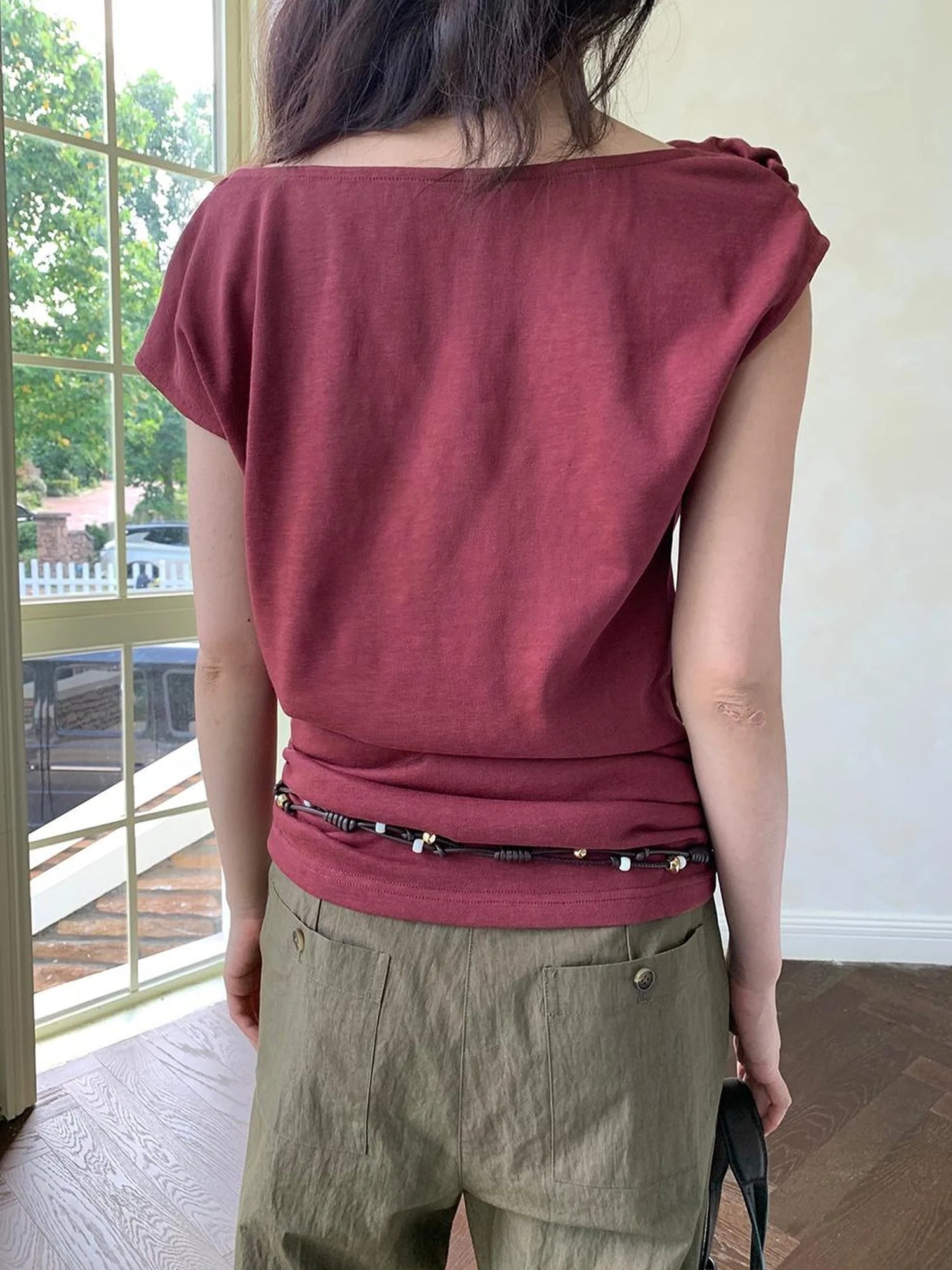 Off Shoulder Ruffle Neckline T-shirt In Red