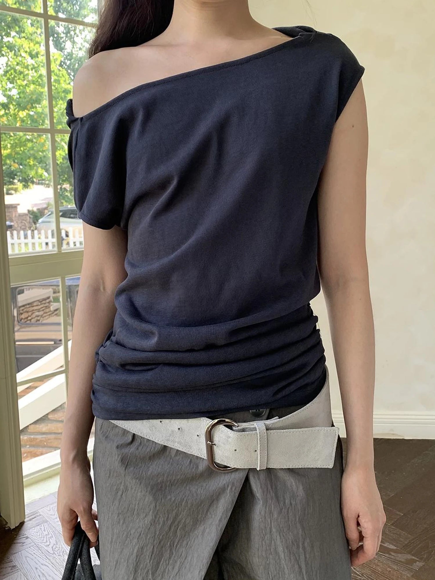 Off Shoulder Ruffle Neckline T-shirt In Red