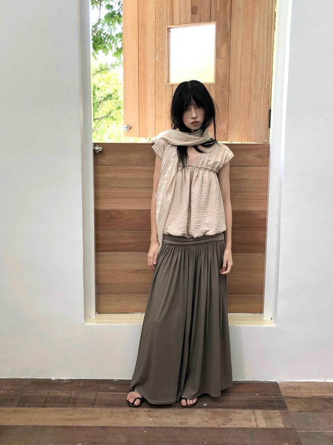 Dorydory Palm Oat Ruffle Hem High Waist Slim Wide Leg Women&