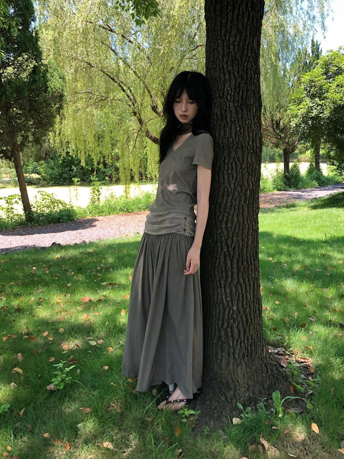 Dorydory Palm Oat Ruffle Hem High Waist Slim Wide Leg Women&