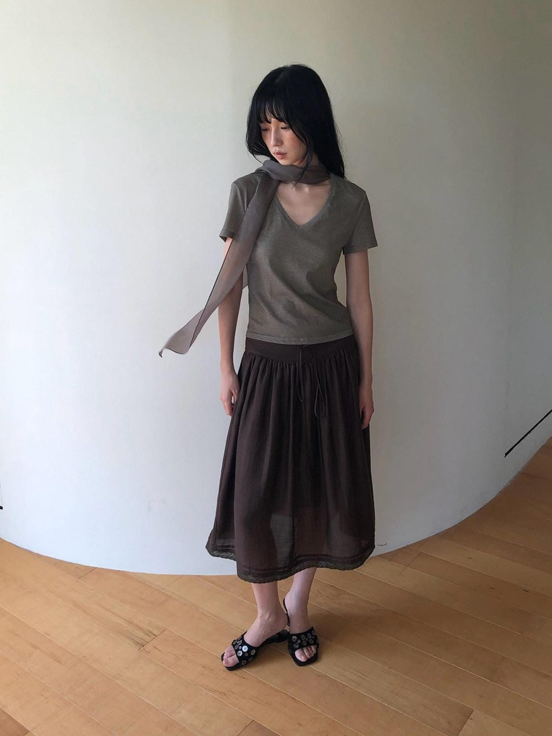 Dorydory Palm Oatmeal V-neck Tie Puff Sleeve Women&