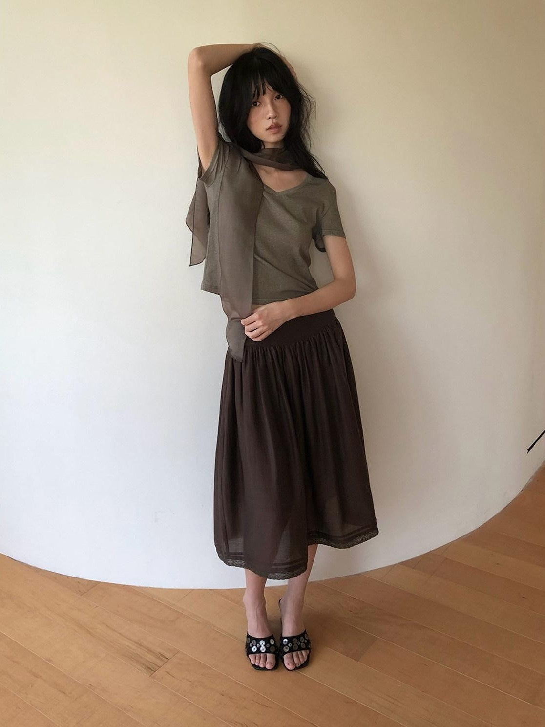 Dorydory Palm Oatmeal V-neck Tie Puff Sleeve Women&