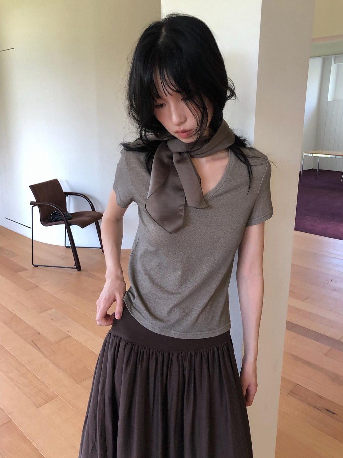 Dorydory Palm Oatmeal V-neck Tie Puff Sleeve Women&