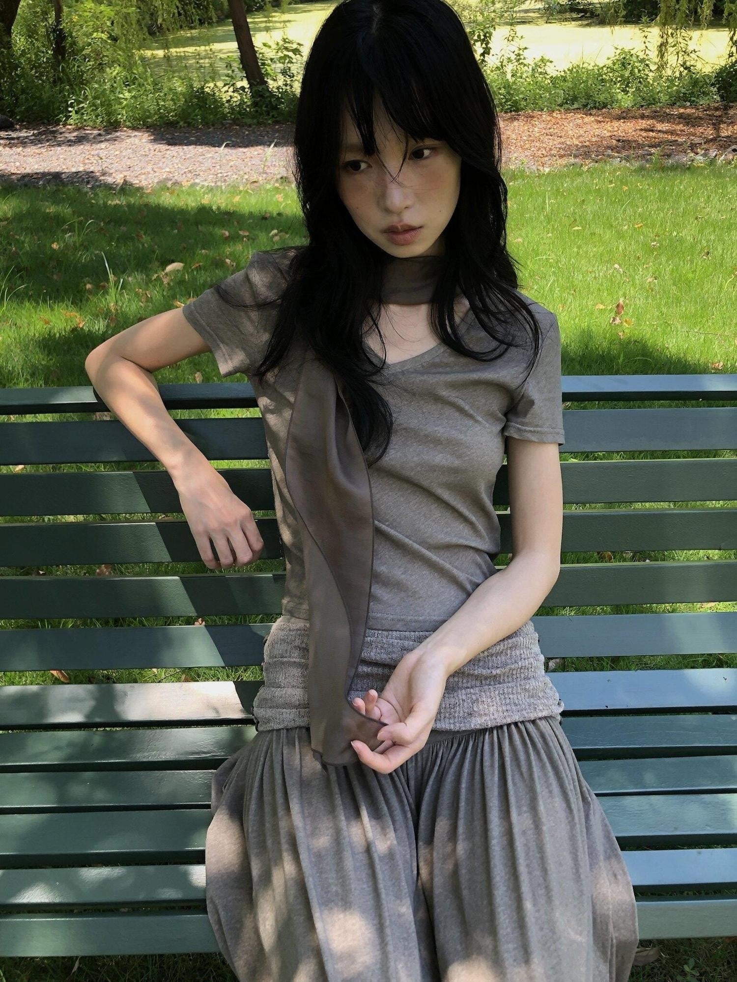 Dorydory Palm Oatmeal V-neck Tie Puff Sleeve Women&