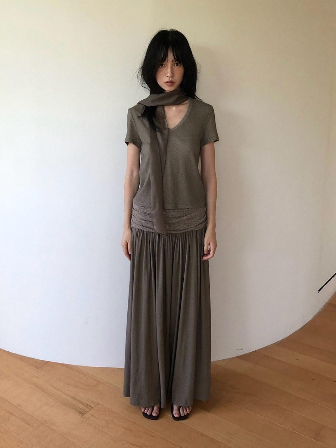 Dorydory Palm Oatmeal V-neck Tie Puff Sleeve Women&
