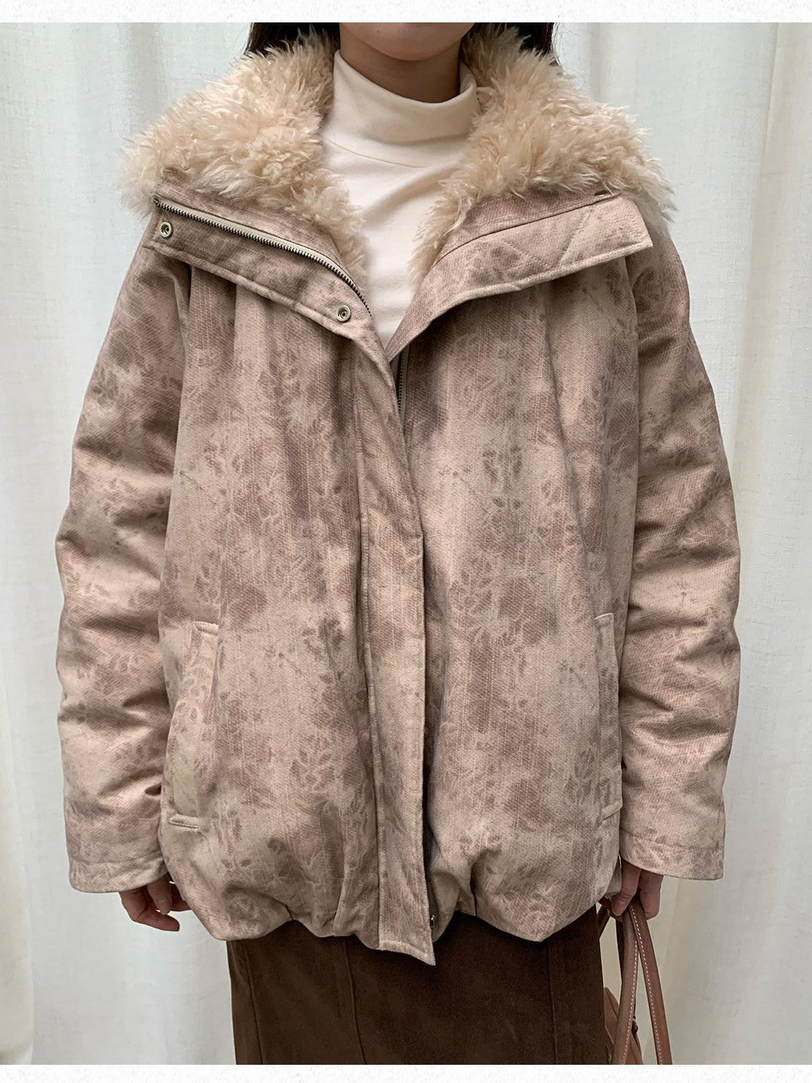Dorydory Peach Pink Fur Trim Bud Hem Distressed Women&