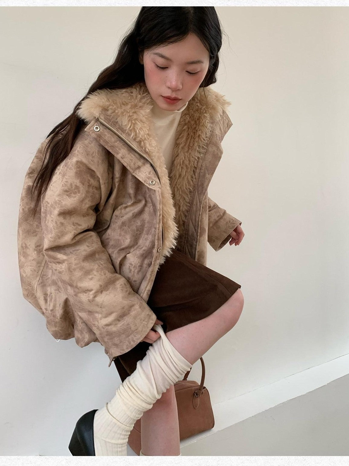 Dorydory Peach Pink Fur Trim Bud Hem Distressed Women&