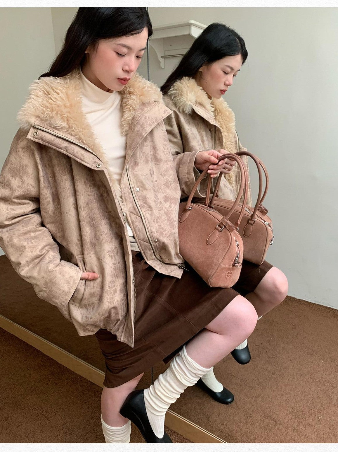 Dorydory Peach Pink Fur Trim Bud Hem Distressed Women&