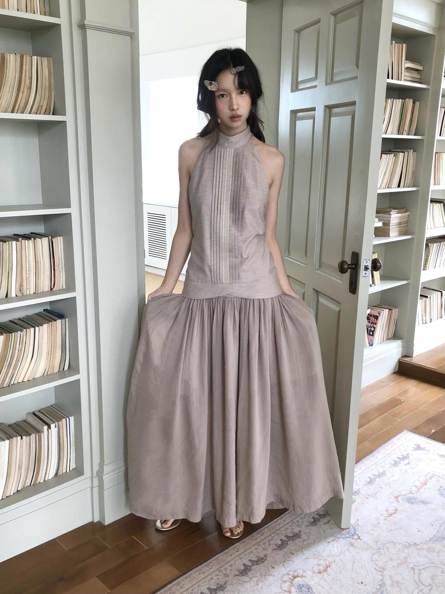 Dorydory Pink Purple Pleated Half High Collar Sleeveless Women&