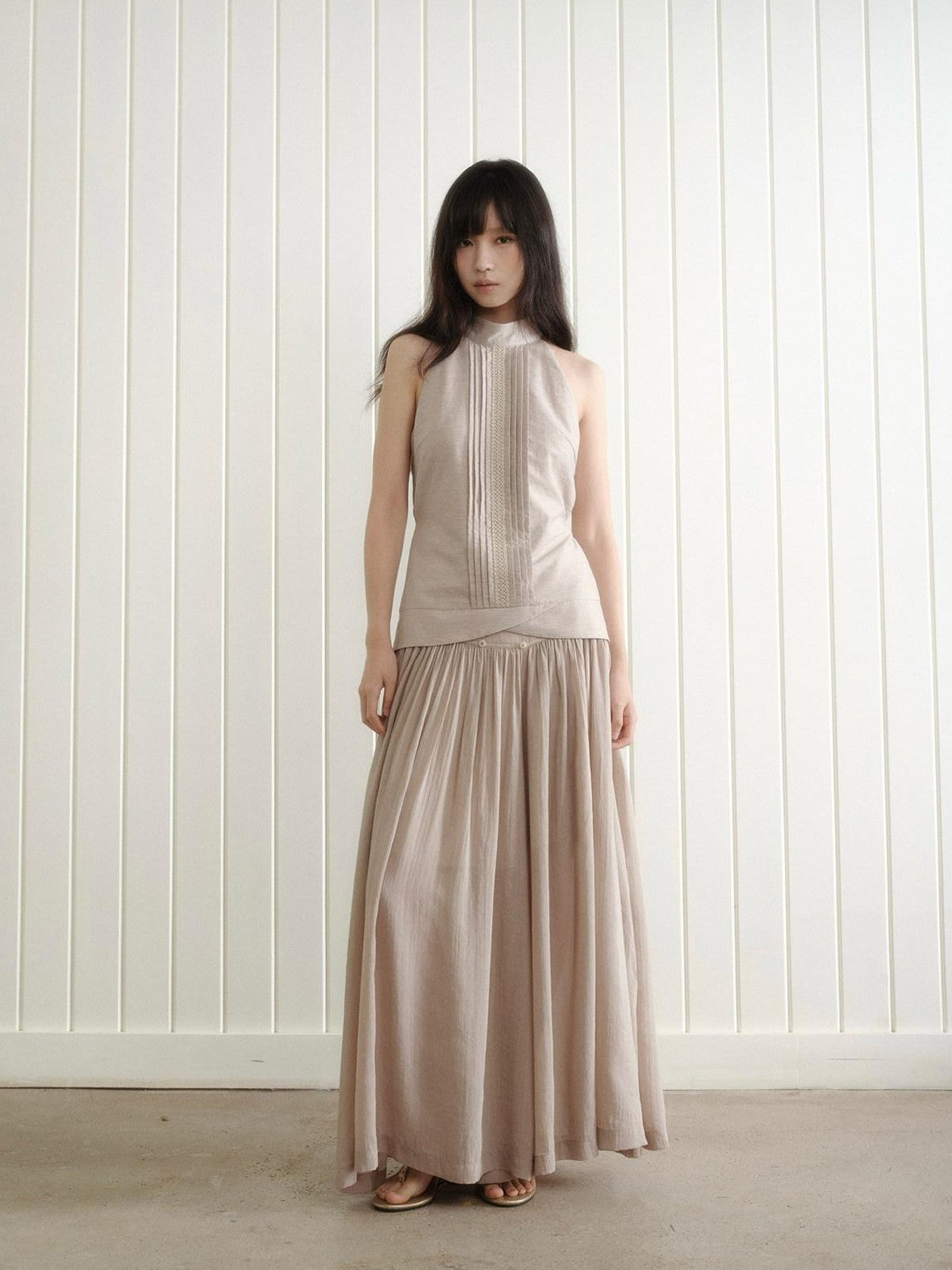 Dorydory Pink Purple Pleated Half High Collar Sleeveless Women&