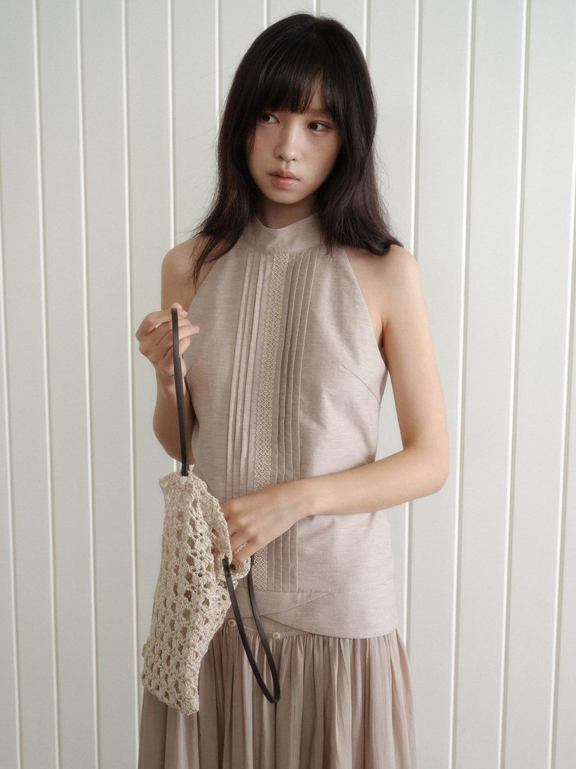 Dorydory Pink Purple Pleated Half High Collar Sleeveless Women&