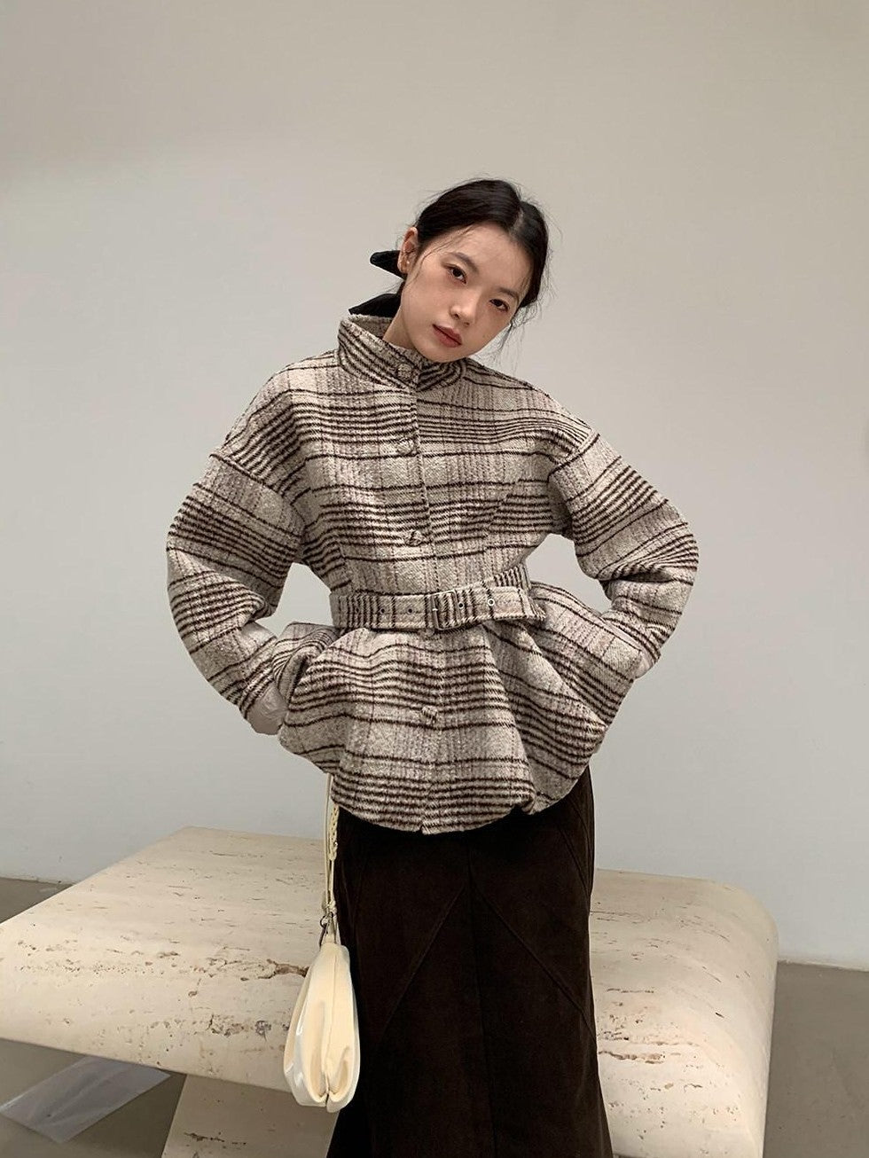 Dorydory Plaid Cinched Waist Bubble Hem Stand Collar Women&