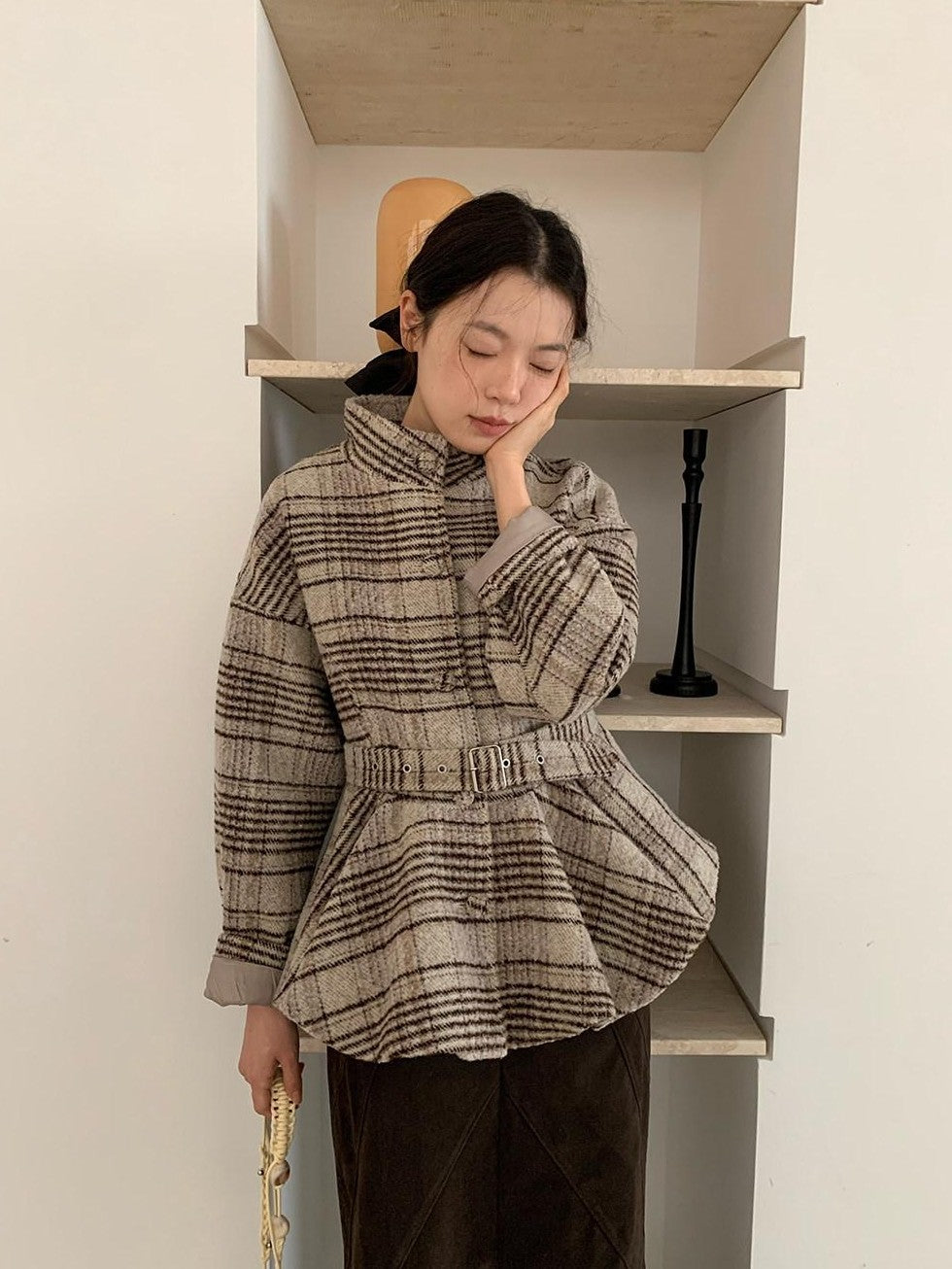 Dorydory Plaid Cinched Waist Bubble Hem Stand Collar Women&