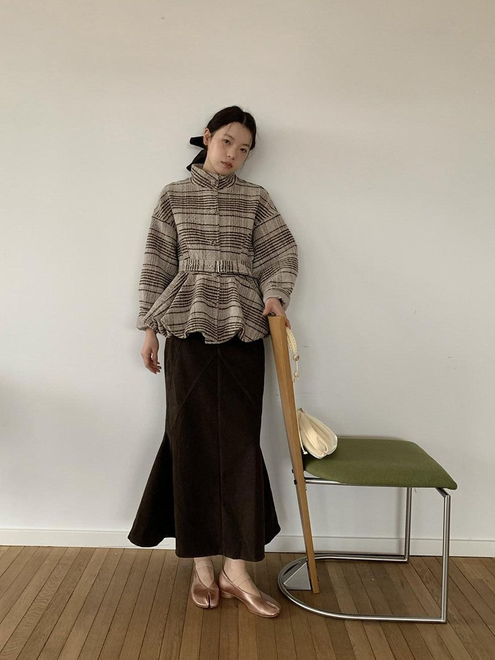Dorydory Plaid Cinched Waist Bubble Hem Stand Collar Women&