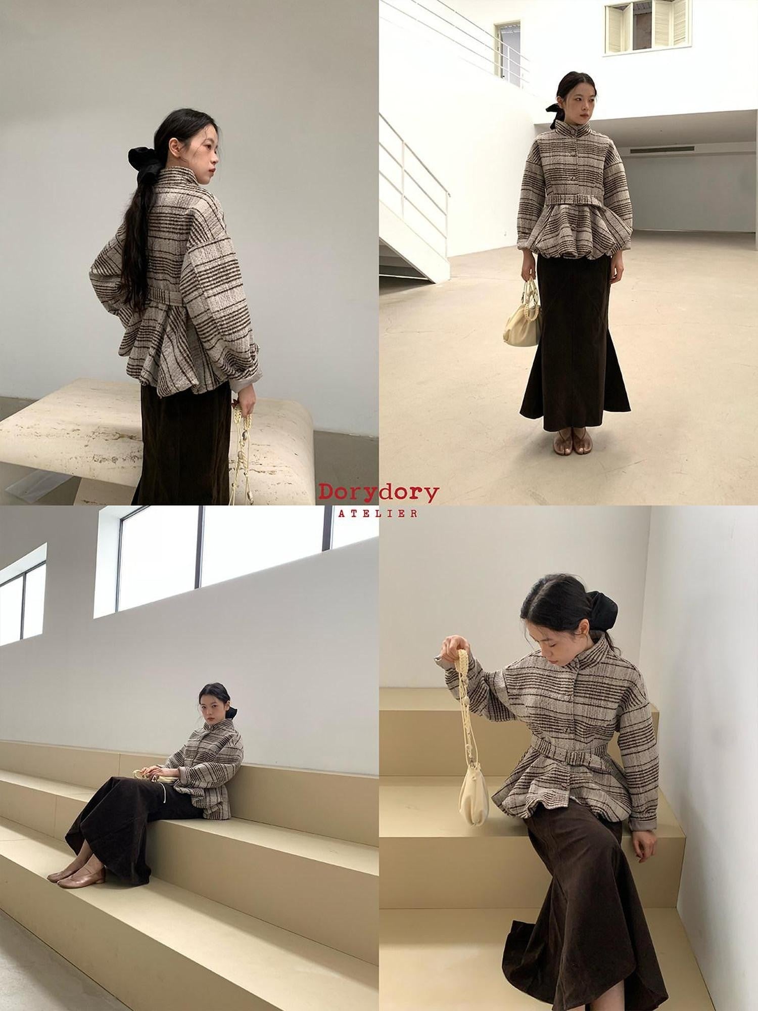 Dorydory Plaid Cinched Waist Bubble Hem Stand Collar Women&