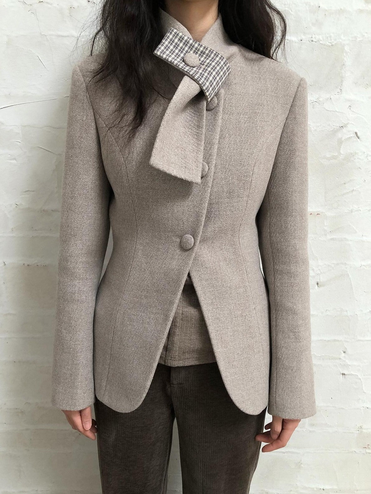 Dorydory Plaid Scarf Collar Waist Cinch Single Breasted Women&